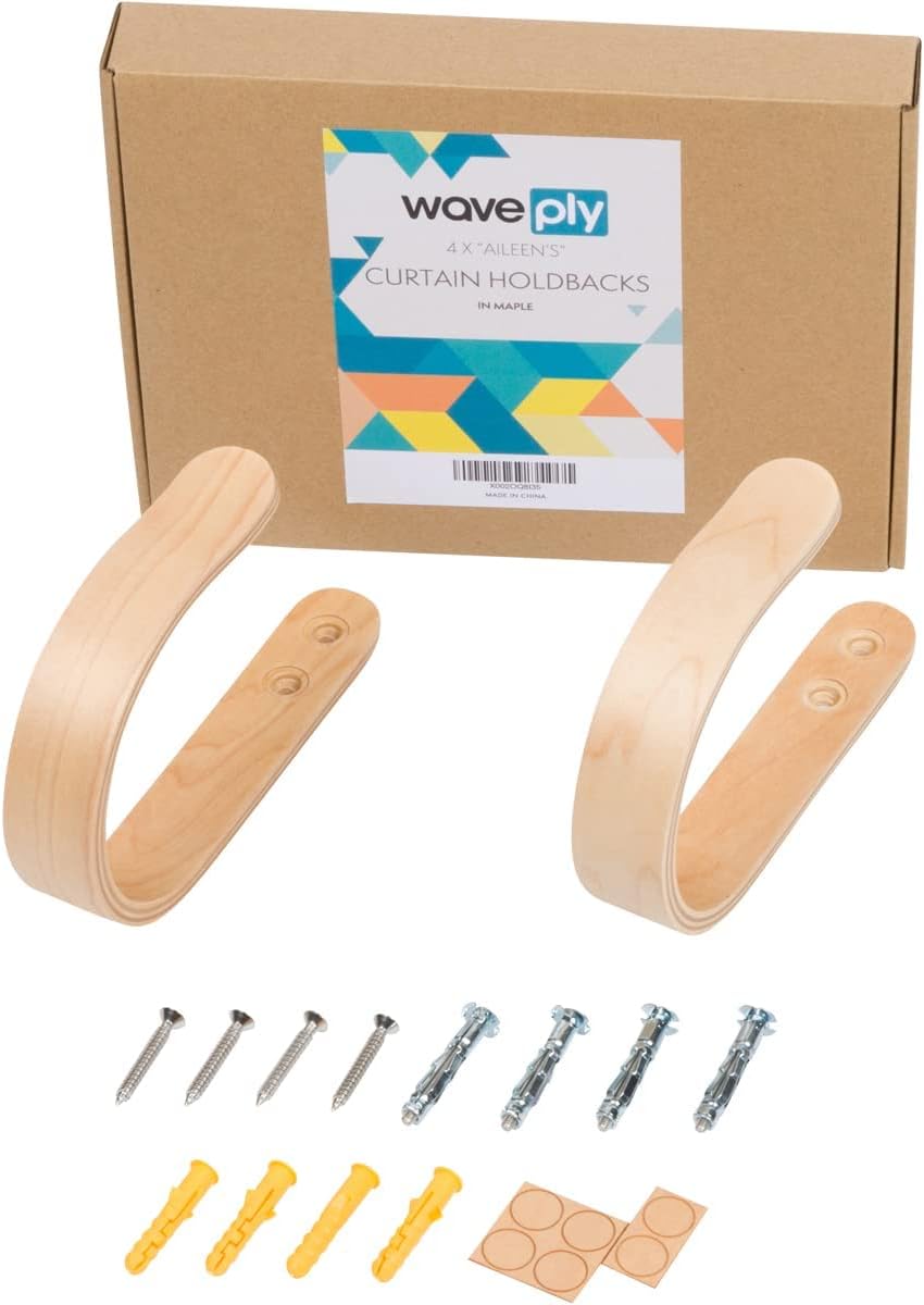 2 x Waveply Wood Curtain Holdbacks Plywood Drapery U Shaped Hook Tiebacks for Wall (Maple)