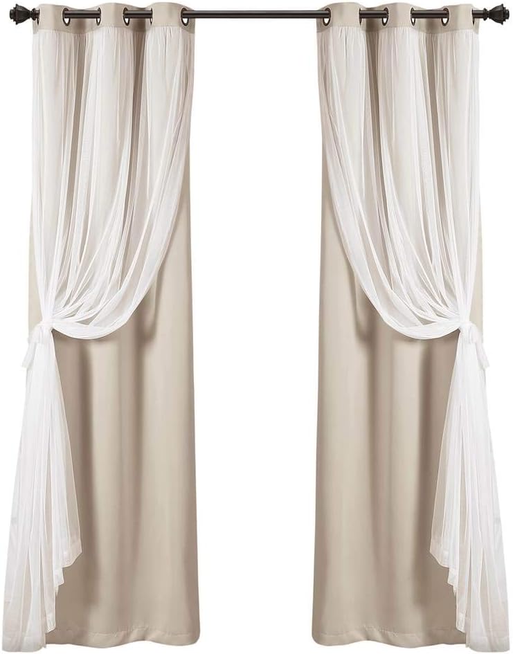 Lush Decor Sheer Grommet Curtains With Insulated Blackout Lining, Window Curtain Panels, Pair, 38"W x 120"L, Wheat - Curtain With Sheer Overlay, Elegant Blackout Curtains for Bedroom