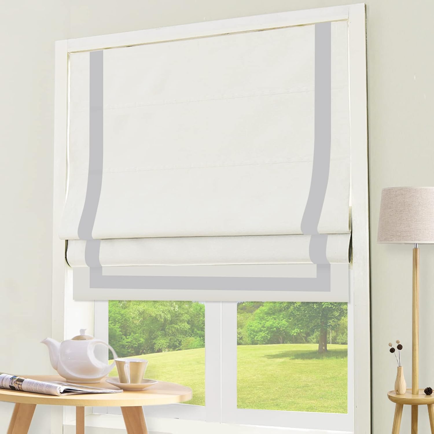 DEJAVU Cordless Bamboo Roman Shades, Blackout Light Filtering Blinds for Indoor Windows, Natural Woven Shades With Valance for Patio, Doors, Easy to Install, Pecan Color