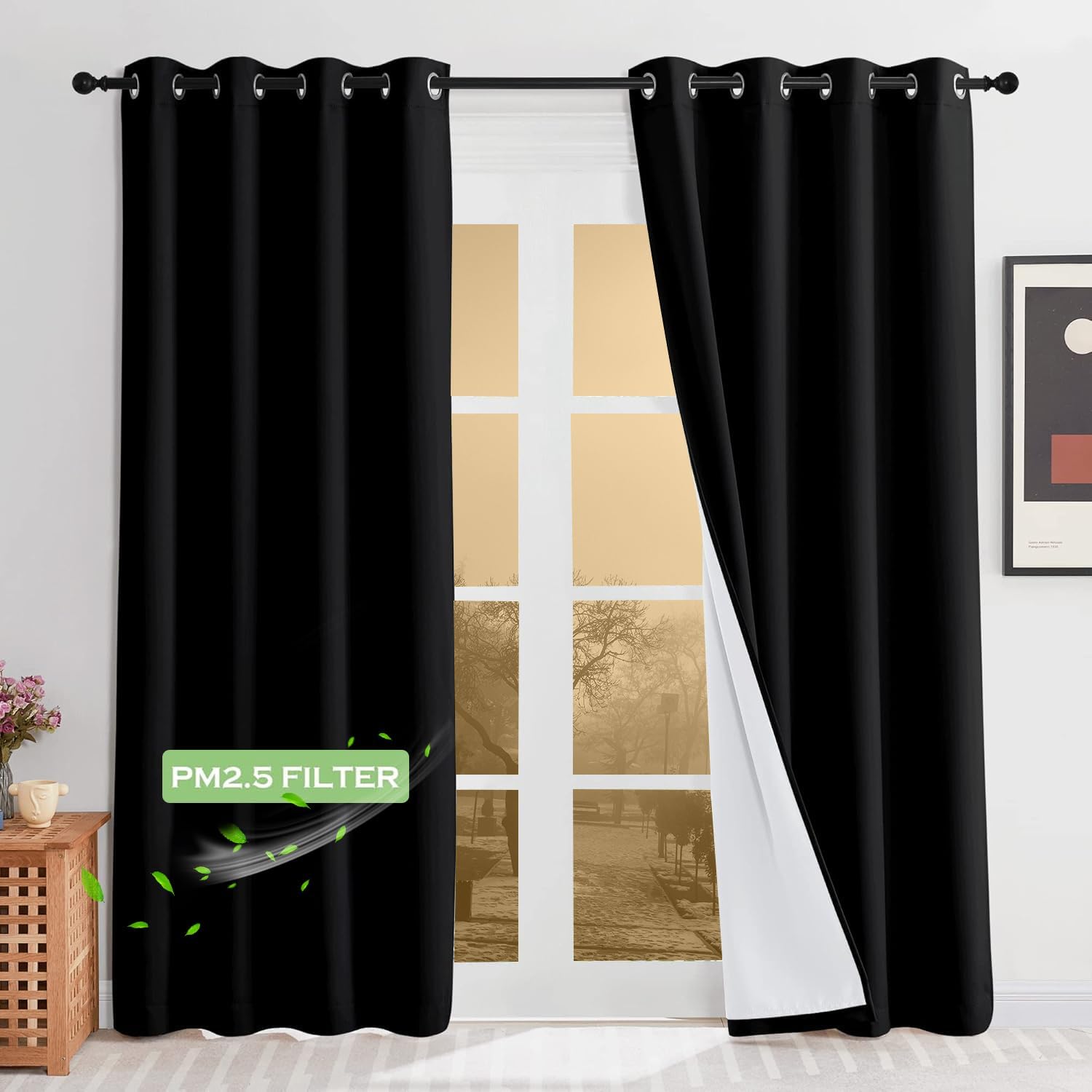 KGORGE 4-in-1 Soundproof Anti Dust 100% Blackout Curtains with Melt-Blown Layer Noise Reducing Thermal Insulating Window Drapes for Bedroom Nursery, W 52 x L 84, Black, 2 Panels
