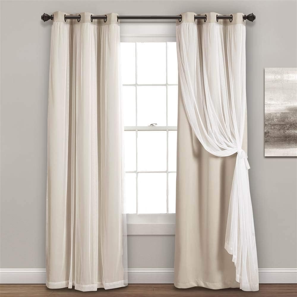 Lush Decor Sheer Grommet Curtains With Insulated Blackout Lining, Window Curtain Panels, Pair, 38"W x 120"L, Wheat - Curtain With Sheer Overlay, Elegant Blackout Curtains for Bedroom