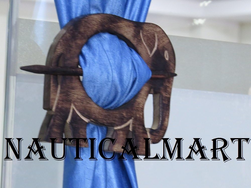 NauticalMart Housewarming Gifts Wooden Elephant Curtain Tie Backs Drapery Holdbacks Rustic Set of Two
