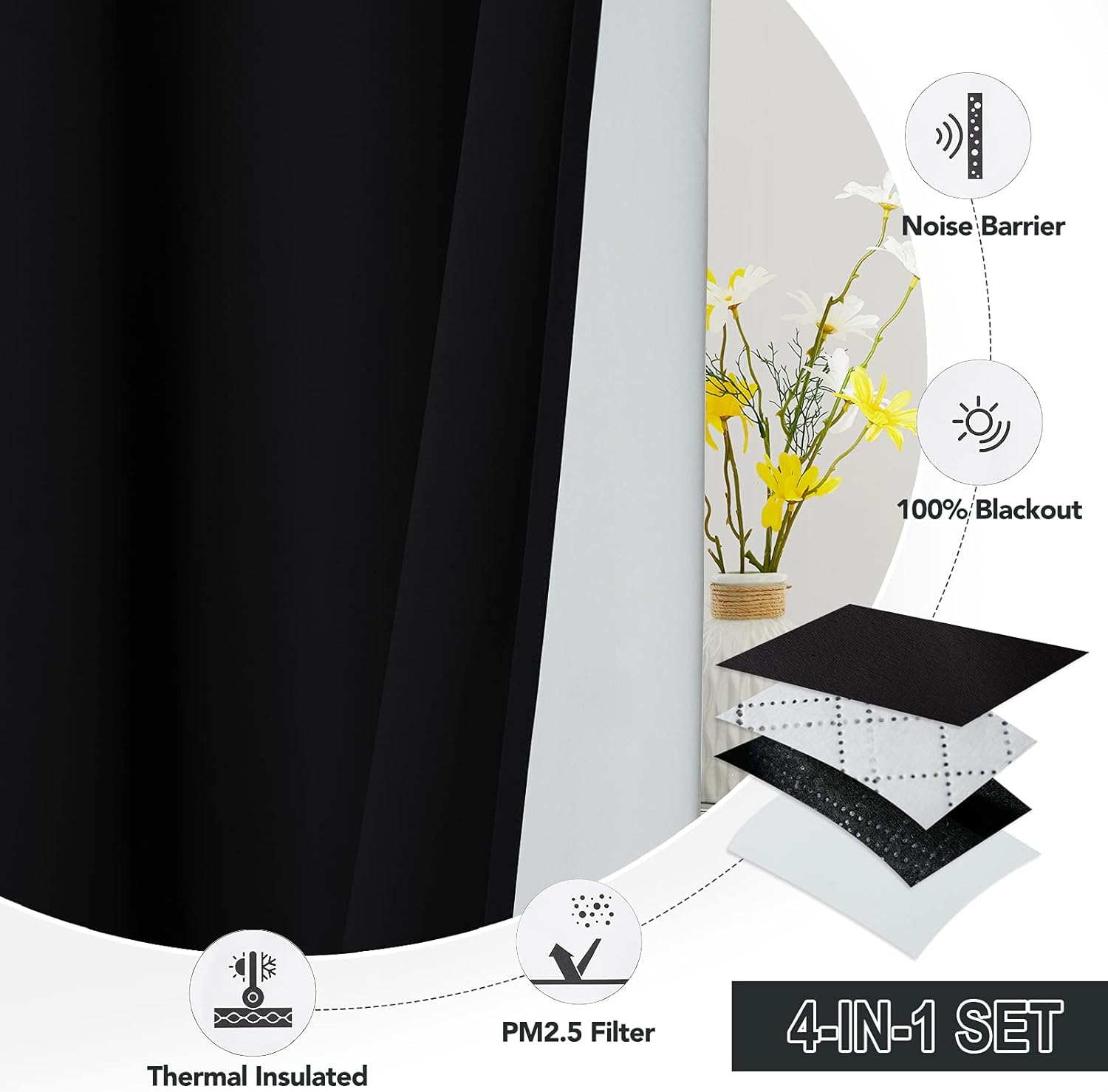 RYB HOME PM 2.5 Filter Curtains for Living Room, Noise Reduction Room Darkening Window Coverings Melt Blown Fabric Liner for Dust Sandstorms Smog Pollen Odor Filtering, Black, W52 x L84 inch, 2 Panels