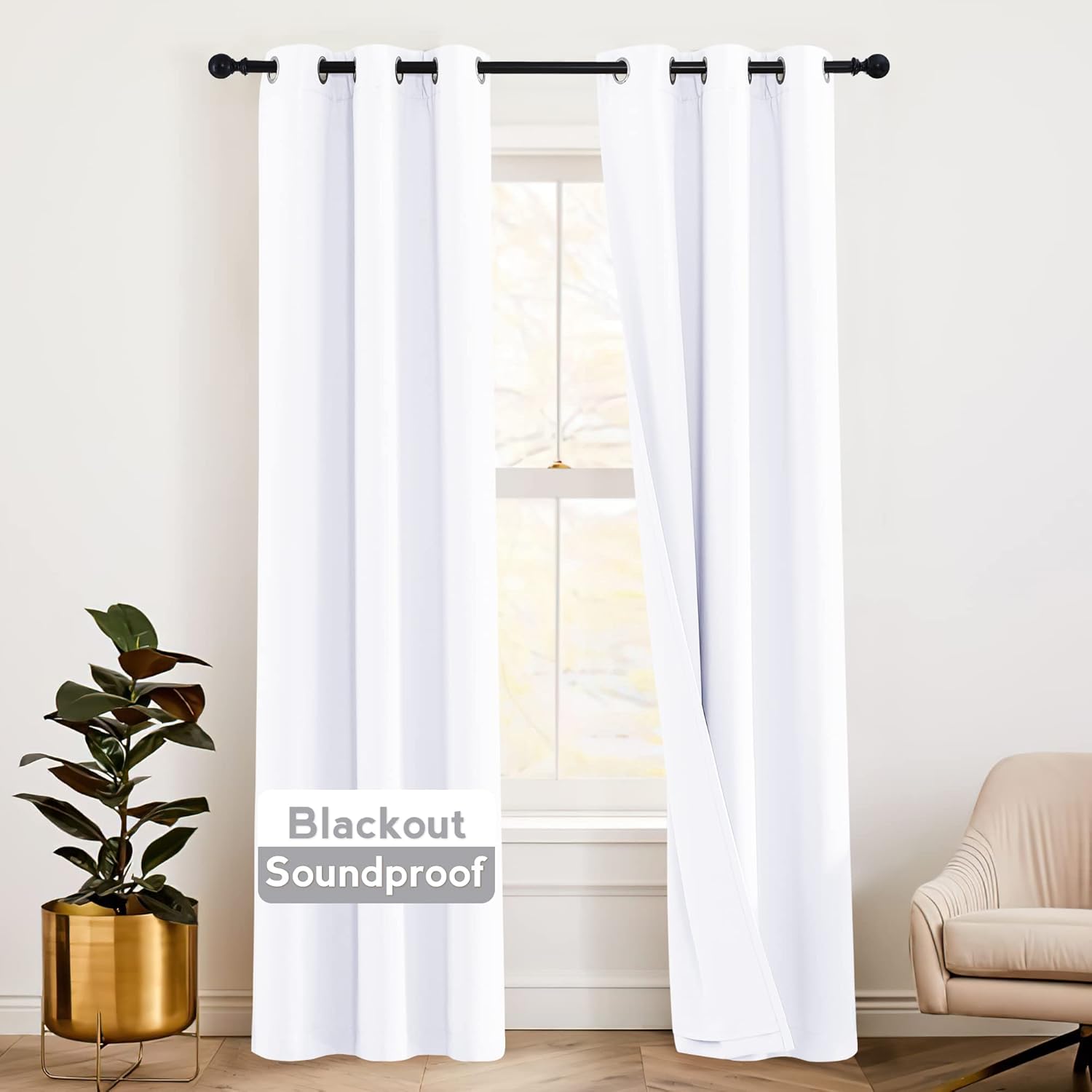 RYB HOME Soundproof Curtains Blackout - 3 Layers Light Block Noise Cancelling Thermal Insulated Curtains for Living Room Bedroom Room Divider, 52 inch Wide x 108 inch Long, Grey, 2 Panels