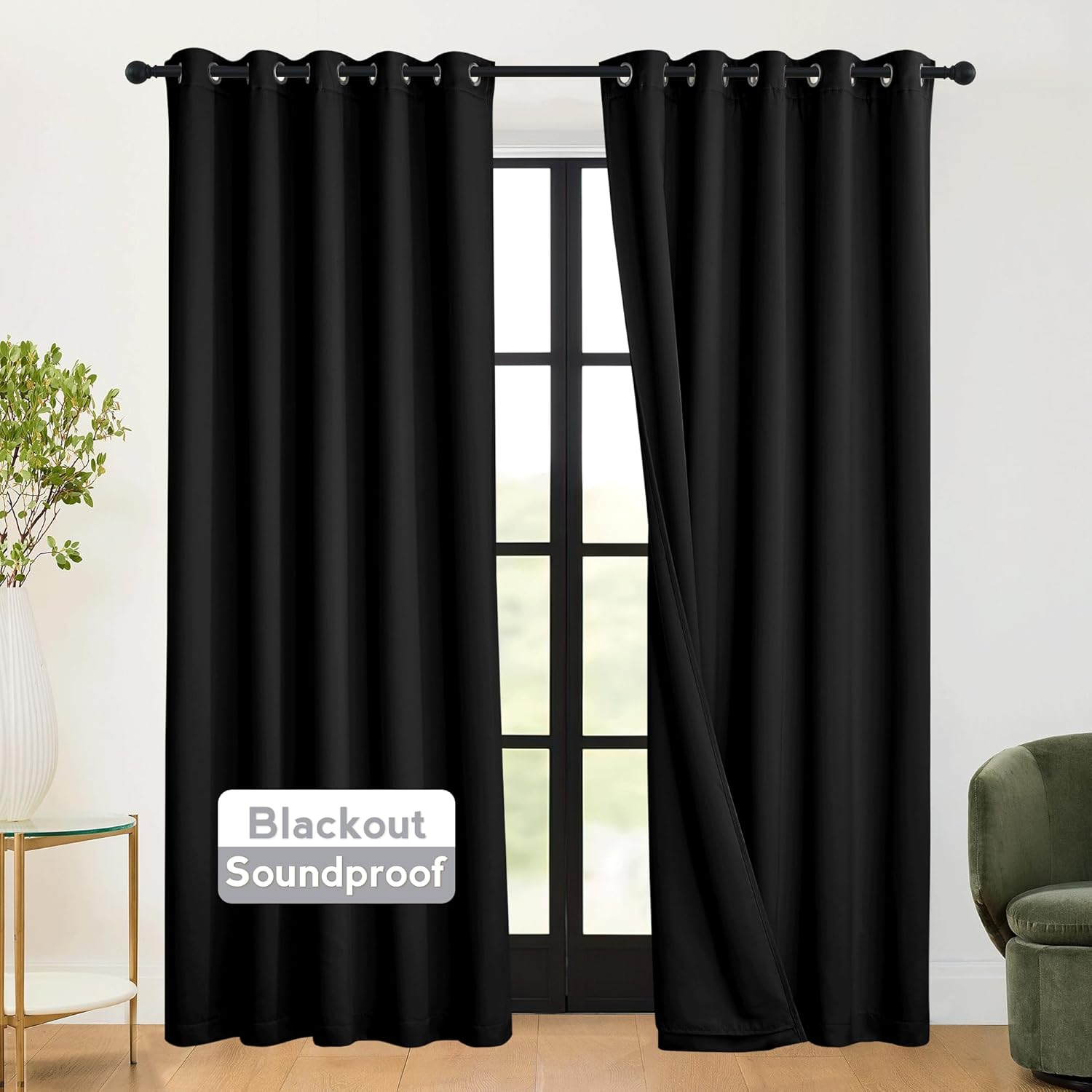 RYB HOME Soundproof Curtains Blackout - 3 Layers Light Block Noise Cancelling Thermal Insulated Curtains for Living Room Bedroom Room Divider, 52 inch Wide x 108 inch Long, Grey, 2 Panels