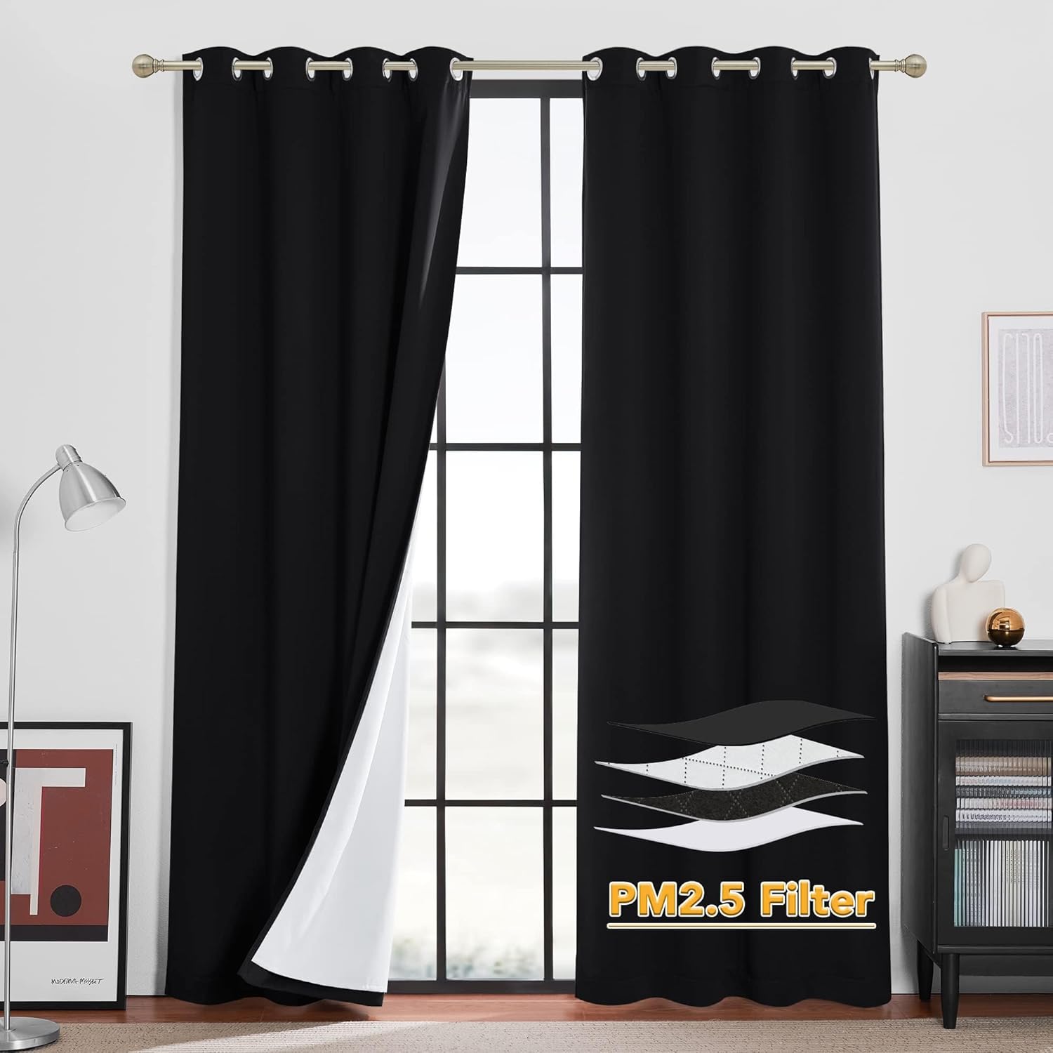 RYB HOME PM 2.5 Filter Curtains for Living Room, Noise Reduction Room Darkening Window Coverings Melt Blown Fabric Liner for Dust Sandstorms Smog Pollen Odor Filtering, Black, W52 x L84 inch, 2 Panels