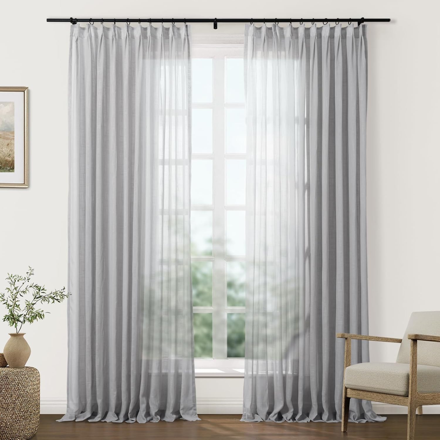 TWOPAGES Light Brown Pinch Pleated Sheer Curtains 90 Inches Long Linen Textured Drapes for Living Room Bedroom Faux Linen Curtains with Hooks, Set of 2, 52" W x 90" L