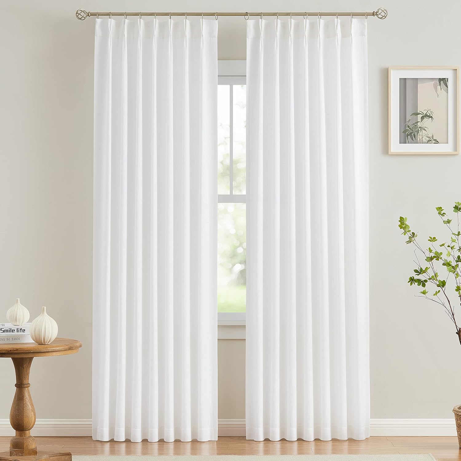 Vision Home Natural Pinch Pleated Semi Sheer Curtains Textured Linen Blended Light Filtering Window Curtains 90 inch for Living Room Bedroom Pinch Pleat Drapes with Hooks 2 Panels 42" Wx90 L