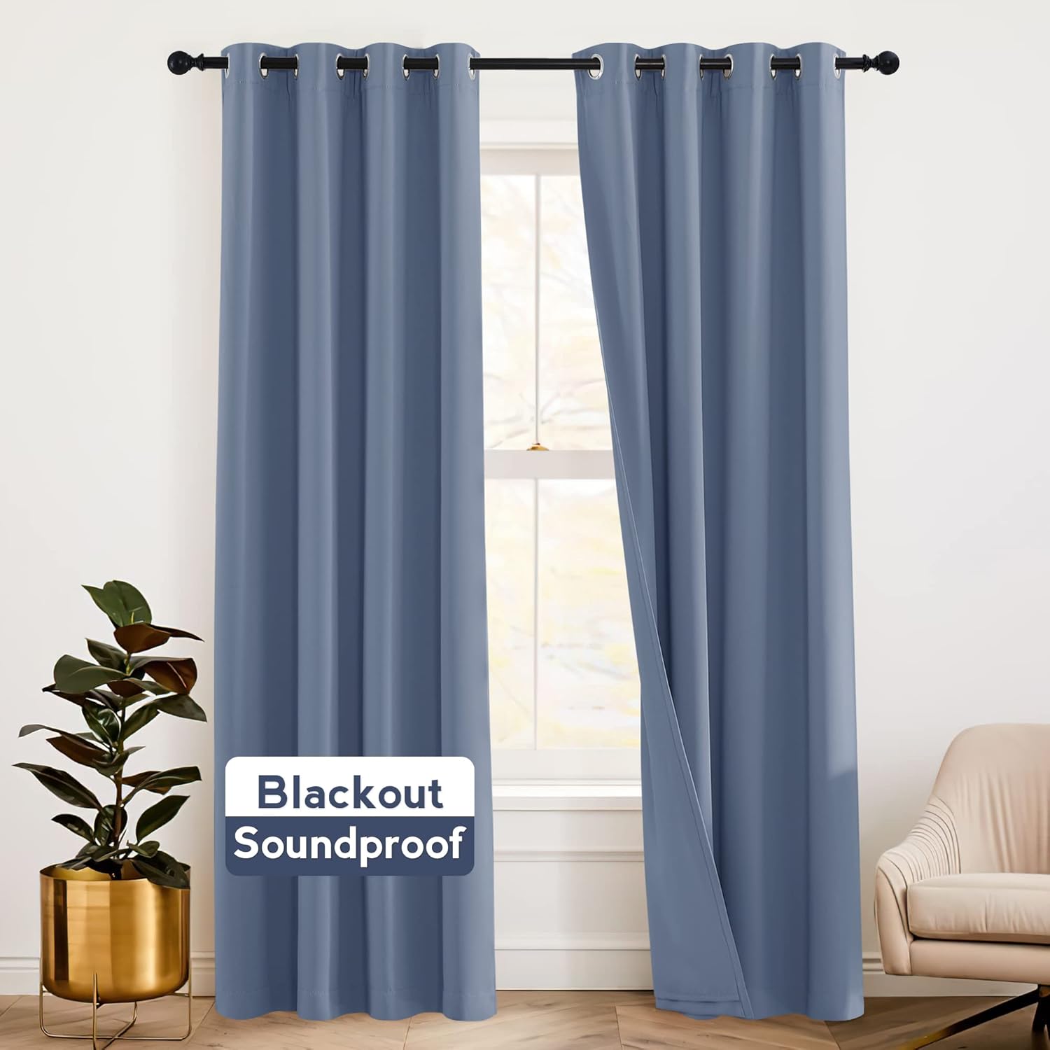 RYB HOME Soundproof Curtains 84 inches - 3 Layers Blackout Curtains Noise Cancelling Thermal Insulted Drapes for Door Window Living Room Nursery Divider Drapes, W 52 x L 84 inch, Gray, 1 Pair