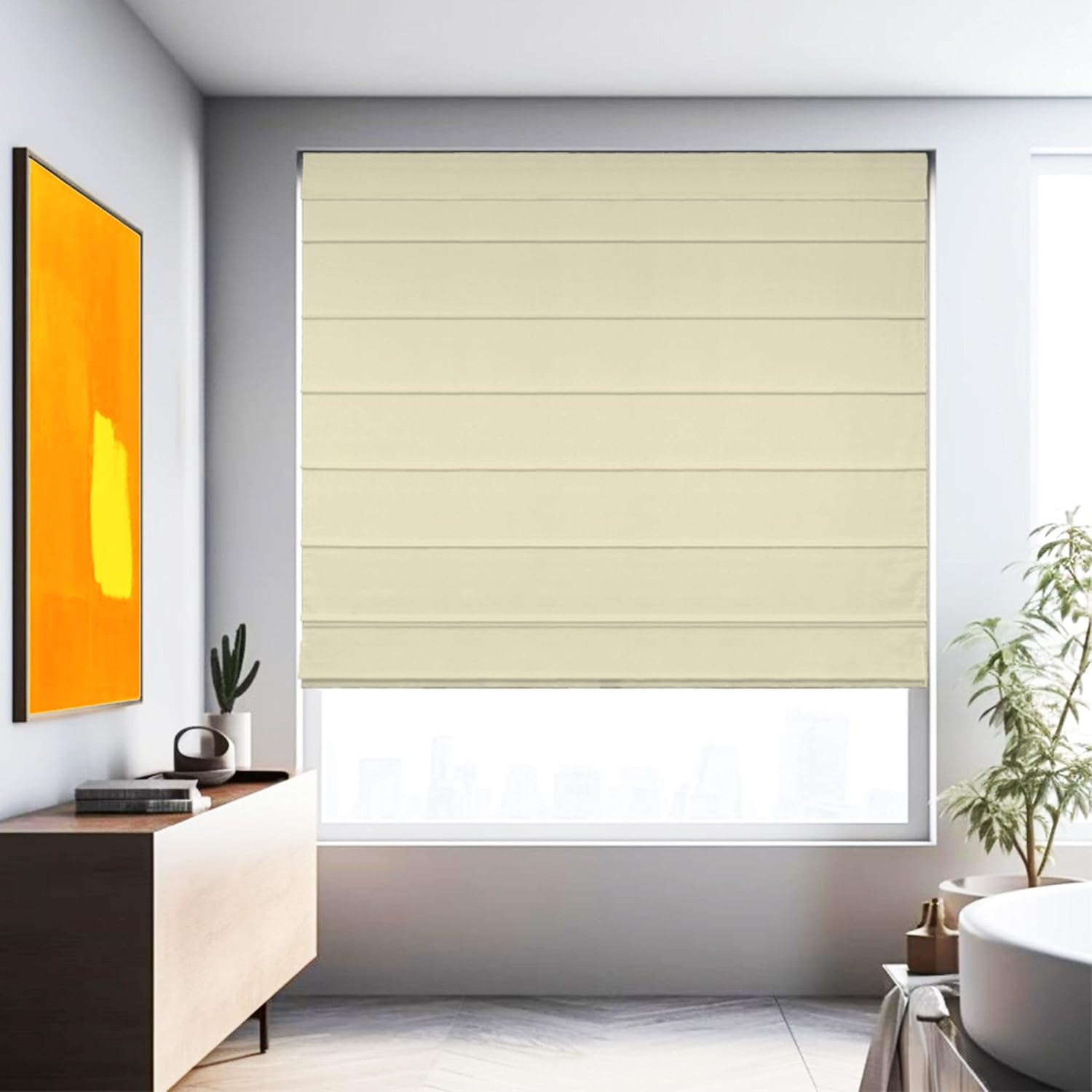 CHICOLOGY - RMBF3564 Cordless Roman Shades Cross-Hatched Modern Fabric Cascade Window Blind Treatment, 35"W X 64"H, Belgian Flax (Privacy & Light Filtering)