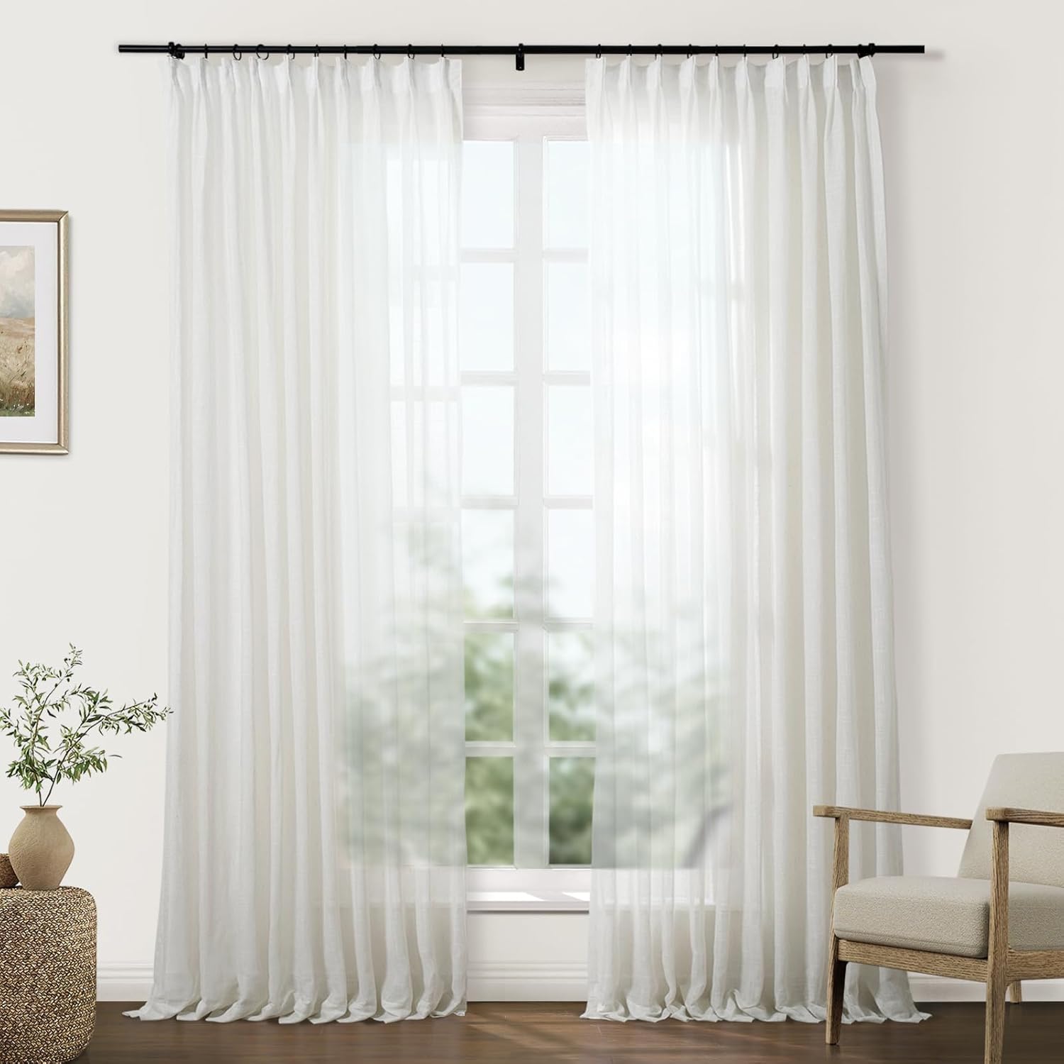 TWOPAGES Light Brown Pinch Pleated Sheer Curtains 90 Inches Long Linen Textured Drapes for Living Room Bedroom Faux Linen Curtains with Hooks, Set of 2, 52" W x 90" L