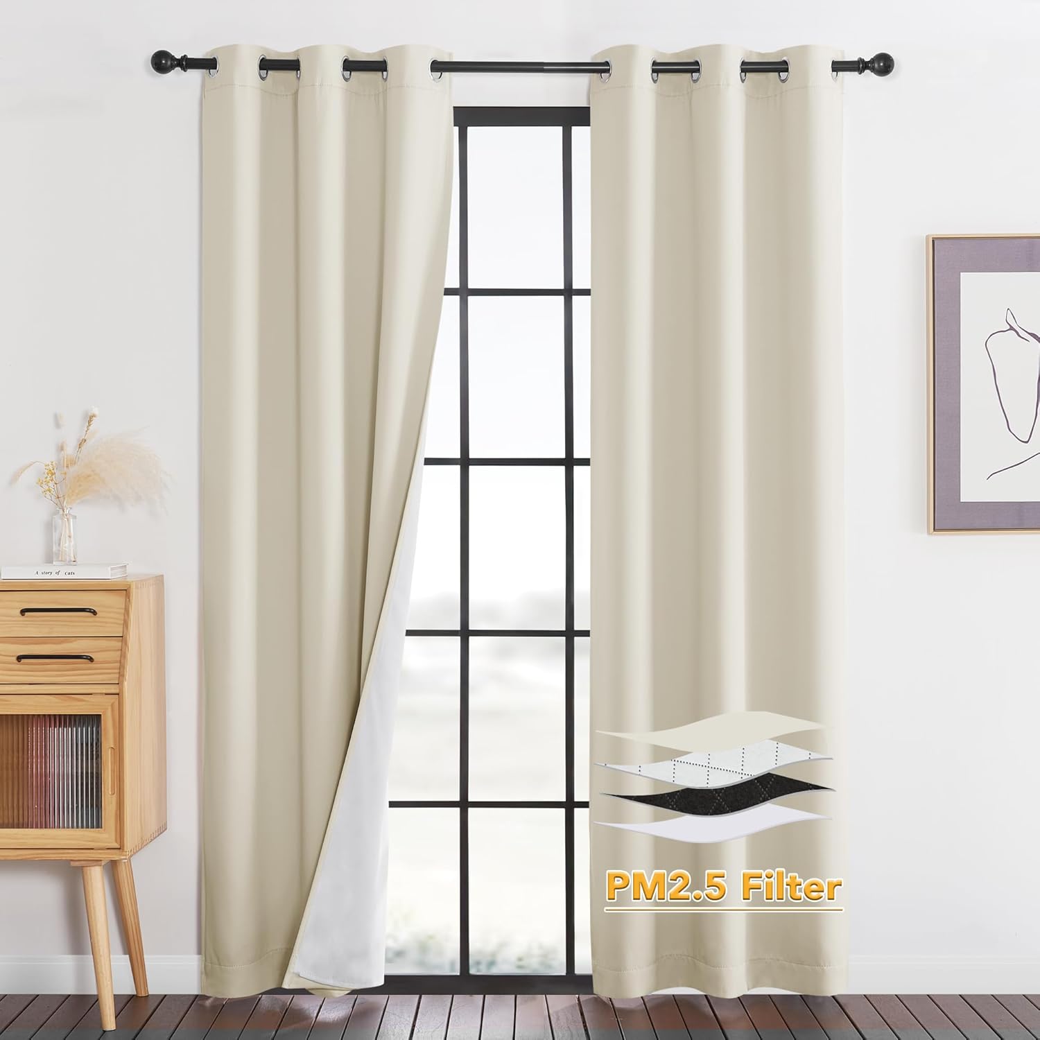 RYB HOME PM 2.5 Filter Curtains for Living Room, Noise Reduction Room Darkening Window Coverings Melt Blown Fabric Liner for Dust Sandstorms Smog Pollen Odor Filtering, Black, W52 x L84 inch, 2 Panels