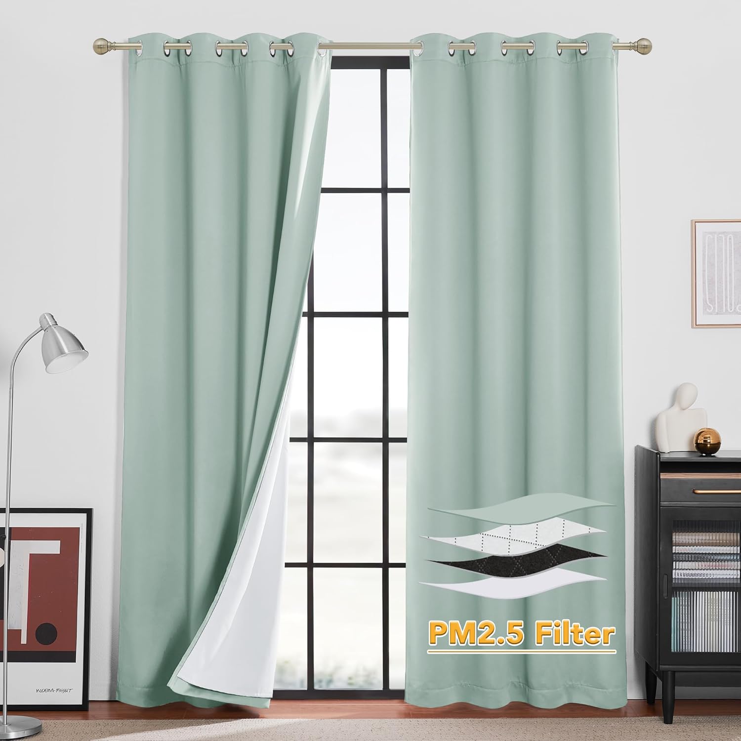 RYB HOME PM 2.5 Filter Curtains for Living Room, Noise Reduction Room Darkening Window Coverings Melt Blown Fabric Liner for Dust Sandstorms Smog Pollen Odor Filtering, Black, W52 x L84 inch, 2 Panels