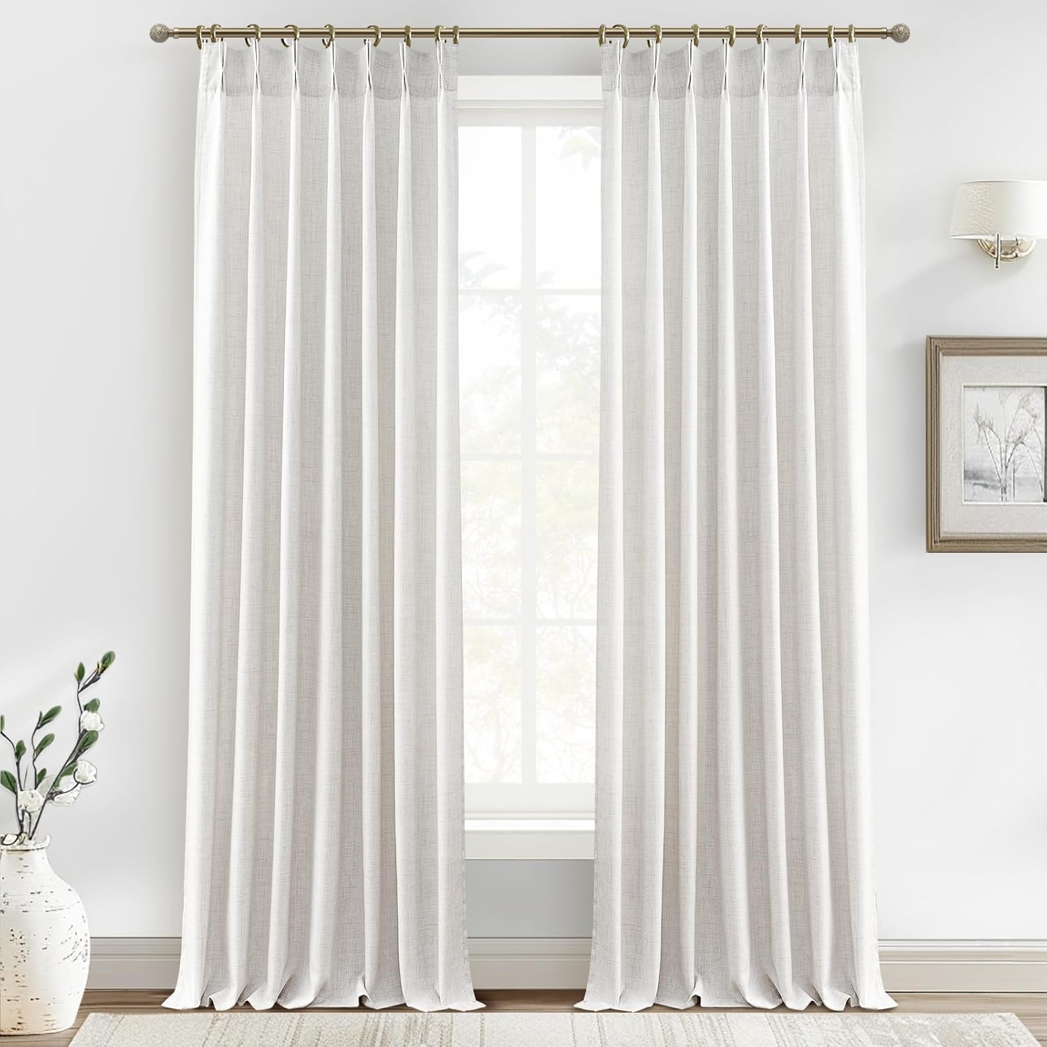 Pinch Pleated Linen Curtains 96 Inches Long for Living Room Bedroom, Light Filtering Boho Window Drape 96 inch 2 Panels Burgs with Hooks&Rings 8ft Cream Birch Sliding Glass Door Sheer Curtain Decor