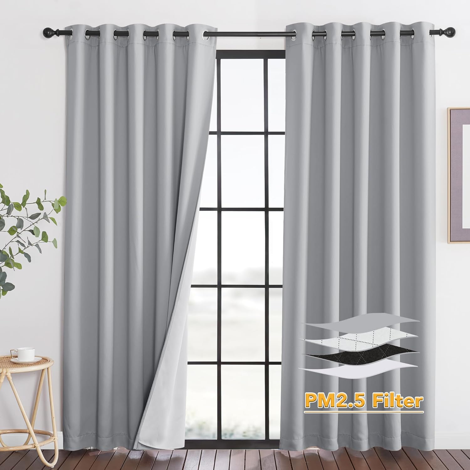 RYB HOME PM 2.5 Filter Curtains for Living Room, Noise Reduction Room Darkening Window Coverings Melt Blown Fabric Liner for Dust Sandstorms Smog Pollen Odor Filtering, Black, W52 x L84 inch, 2 Panels