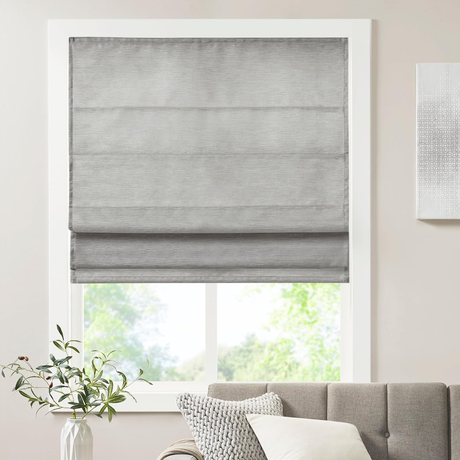 Madison Park Kyler Cordless Roman Shades - Single Panel, Lightweight Linen Blend Fabric, Natural Design, Easy Installation, Light Filtering Window Blind, Bedroom, Living Room Decor 27"W x 64"H Natural