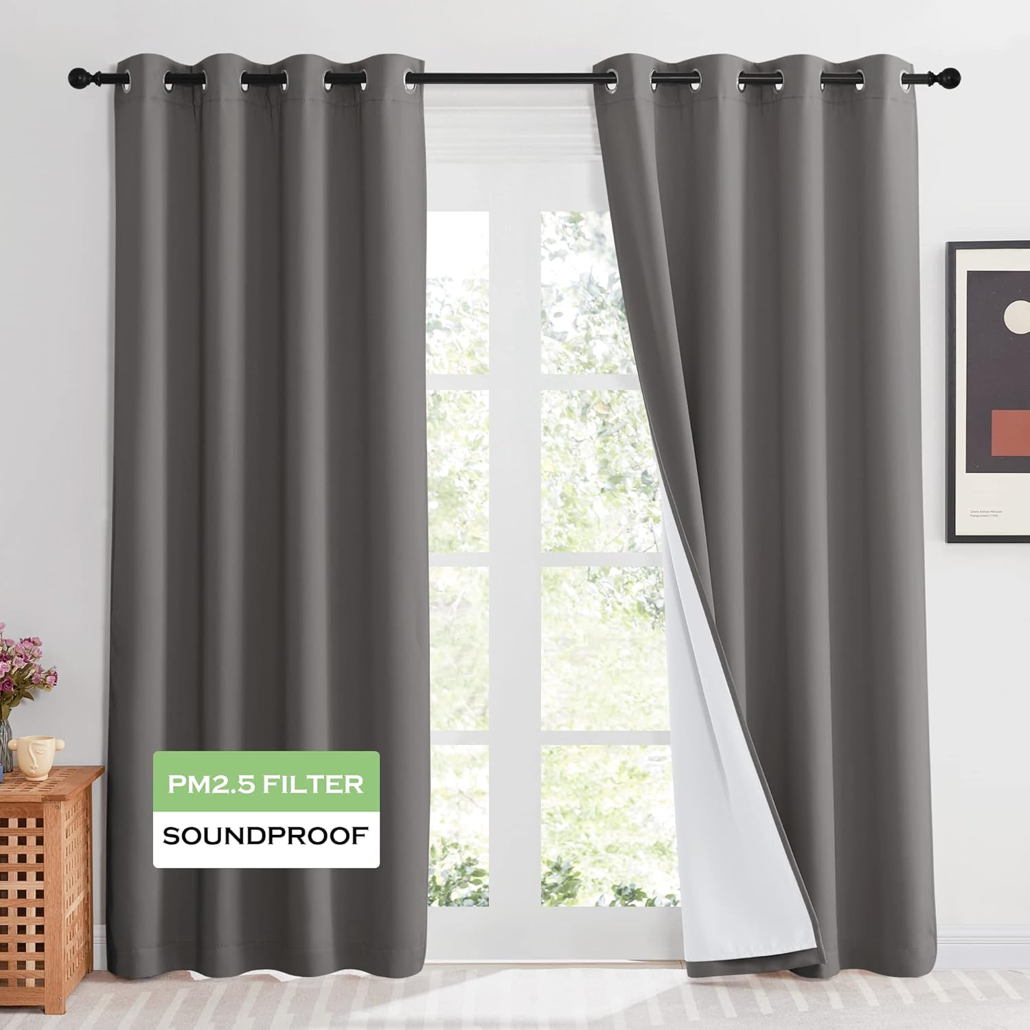 KGORGE 4-in-1 Soundproof Anti Dust 100% Blackout Curtains with Melt-Blown Layer Noise Reducing Thermal Insulating Window Drapes for Bedroom Nursery, W 52 x L 84, Black, 2 Panels