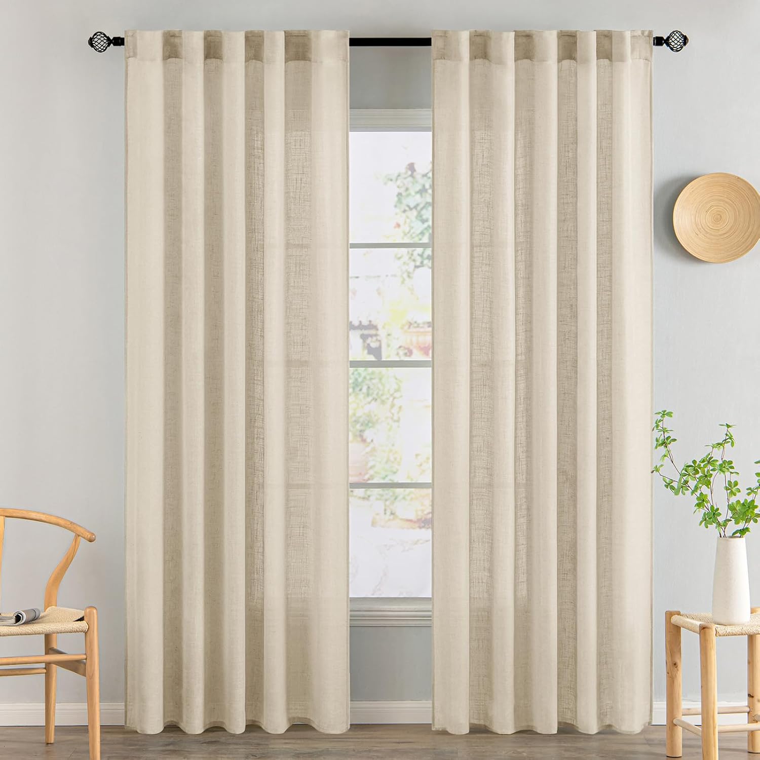 MIULEE Beige Linen Curtains 96 Inches Long 2 Panels for Bedroom Living Room, Soft Linen Textured Window Drapes Semi Sheer Light Filtering Back Tab Rod Pocket Farmhouse Modern Burlap Look Decor