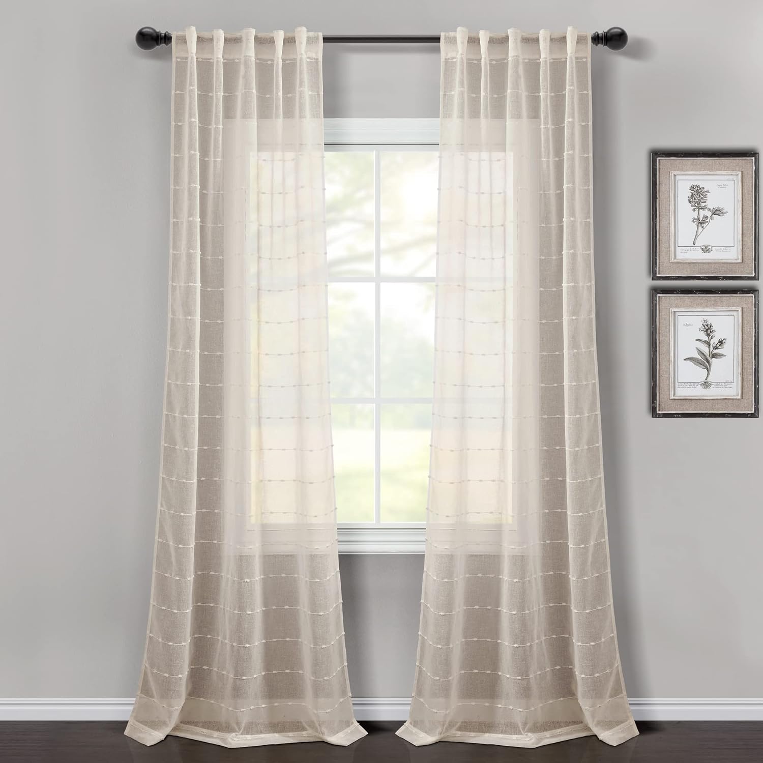 Lush Decor Farmhouse Textured Grommet Sheer Window Curtain Panel Pair, 38"W x 95"L, Beige