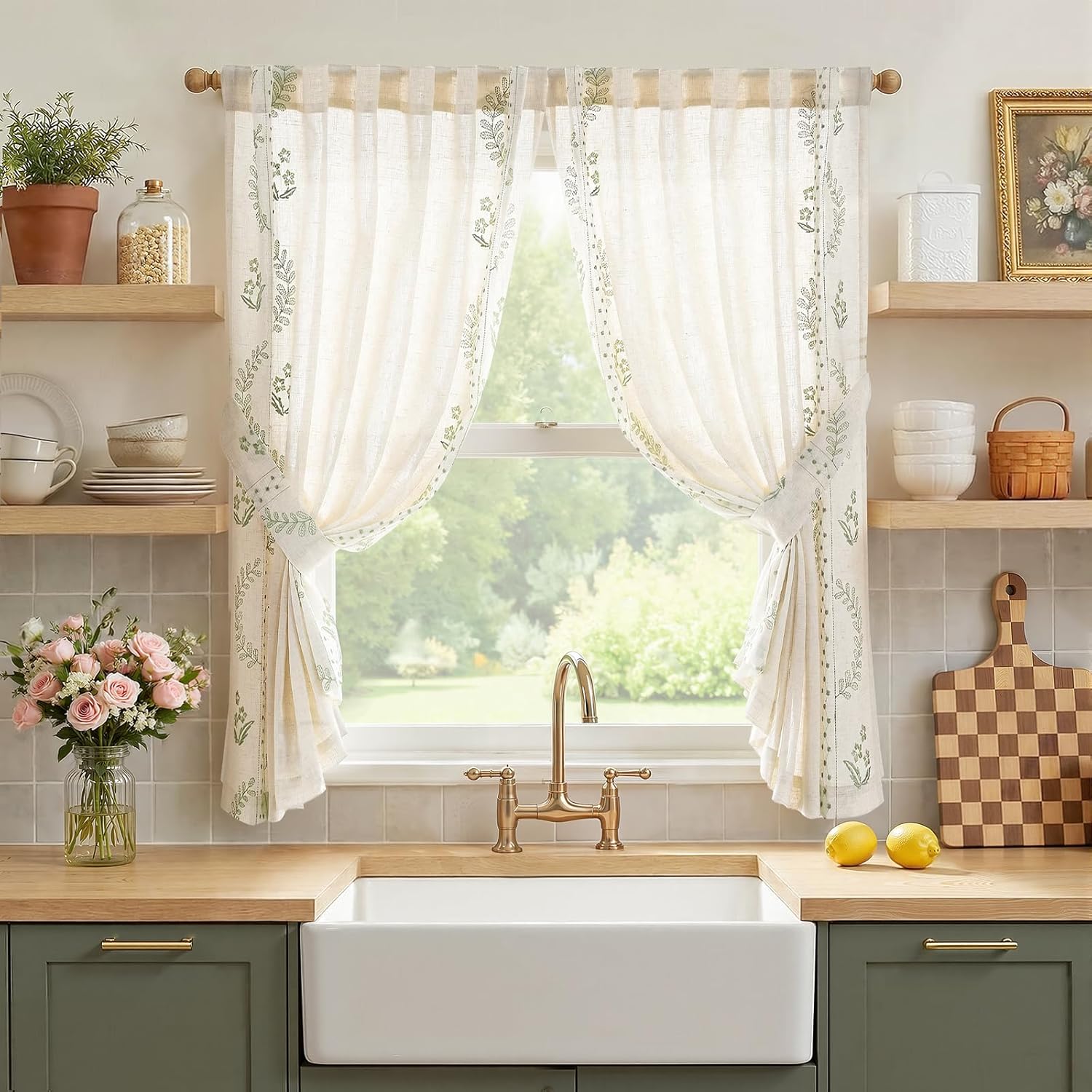 jinchan Belrose Linen Sheer Curtains for Living Room 84 Inch Length Sheer Voile Embroidered Floral Curtains for Bedroom Light Filtering Rod Pocket Window Treatments Farmhouse Decor 2 Panels Beige