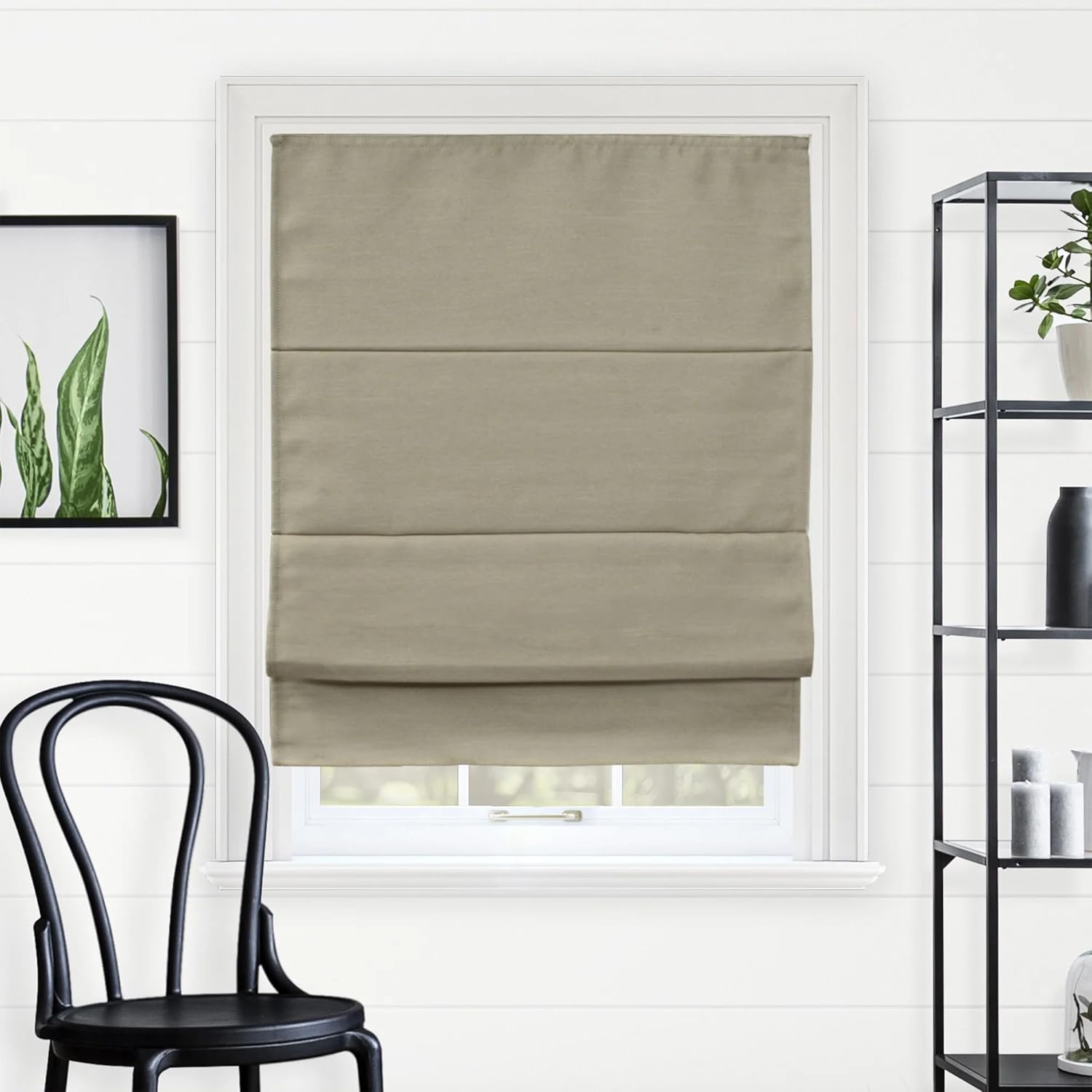 CHICOLOGY - RMBF3564 Cordless Roman Shades Cross-Hatched Modern Fabric Cascade Window Blind Treatment, 35"W X 64"H, Belgian Flax (Privacy & Light Filtering)