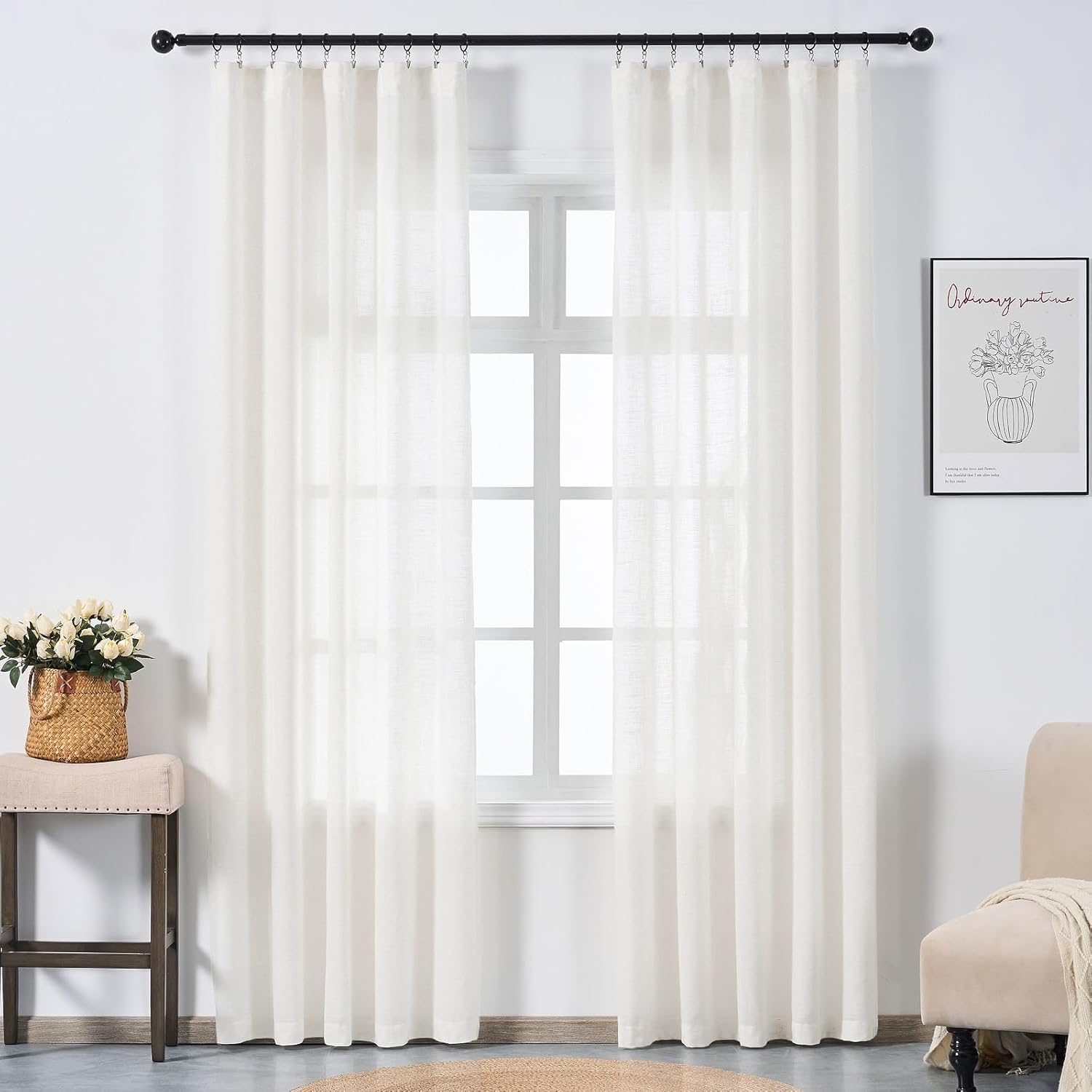 Ftinala Neutral Linen Semi Sheer Curtains 108 Inches Long, Cream Light Filtering Sliding Glass Door Curtains & Drapes, Modern Farmhouse Window Panel, Pinch Pleat Floor to Ceiling Curtain with Hook