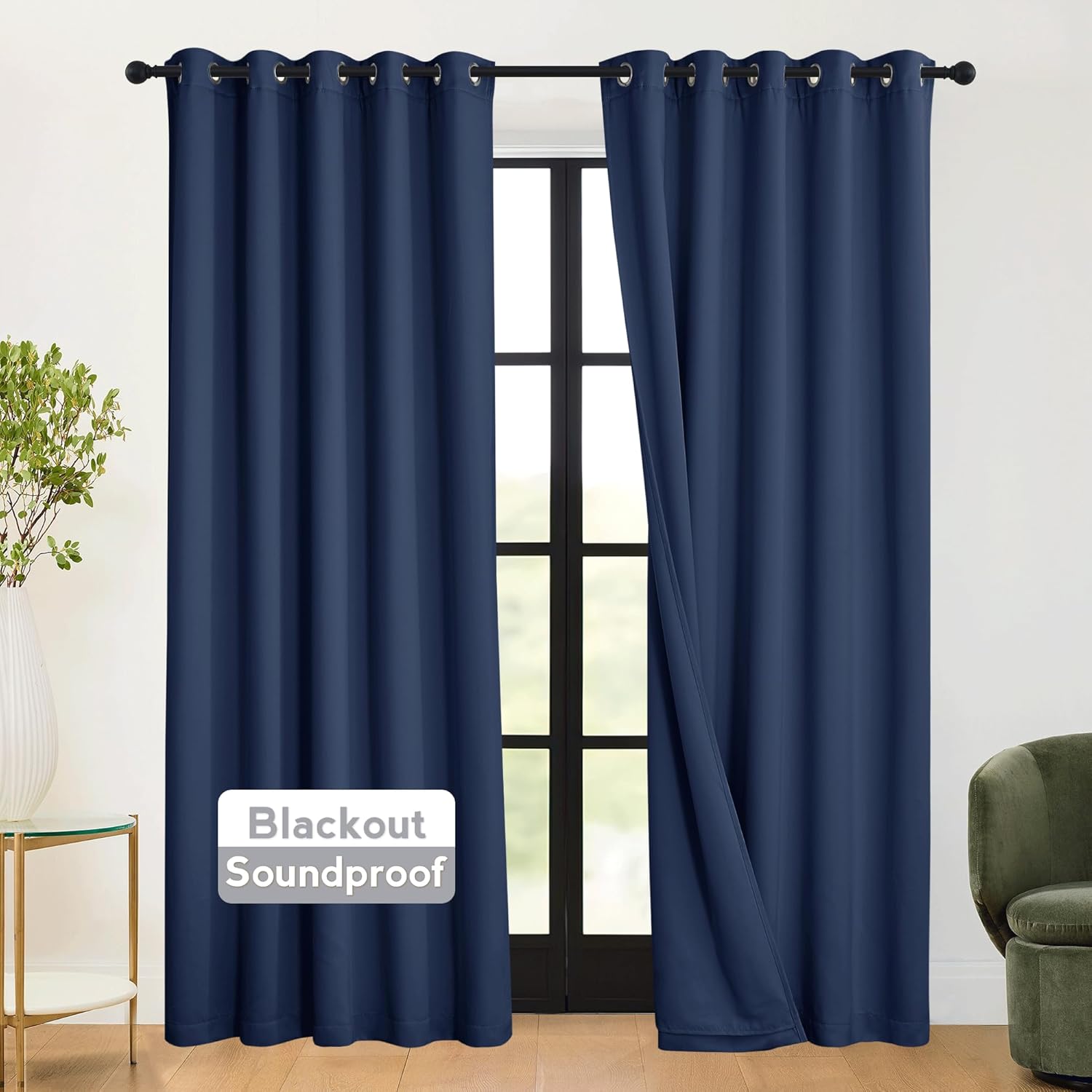 RYB HOME Soundproof Curtains Blackout - 3 Layers Light Block Noise Cancelling Thermal Insulated Curtains for Living Room Bedroom Room Divider, 52 inch Wide x 108 inch Long, Grey, 2 Panels