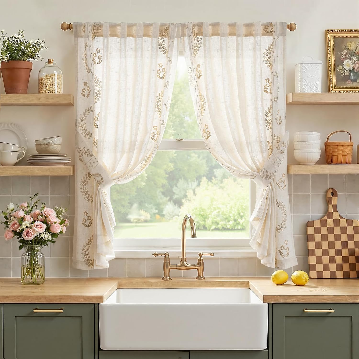 jinchan Belrose Linen Sheer Curtains for Living Room 84 Inch Length Sheer Voile Embroidered Floral Curtains for Bedroom Light Filtering Rod Pocket Window Treatments Farmhouse Decor 2 Panels Beige