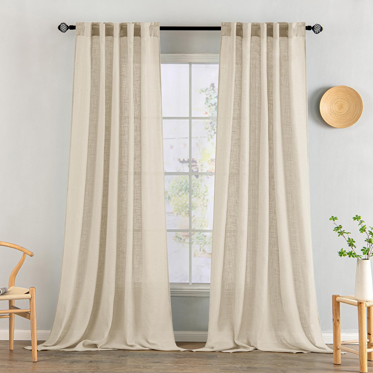 MIULEE Beige Linen Curtains 96 Inches Long 2 Panels for Bedroom Living Room, Soft Linen Textured Window Drapes Semi Sheer Light Filtering Back Tab Rod Pocket Farmhouse Modern Burlap Look Decor