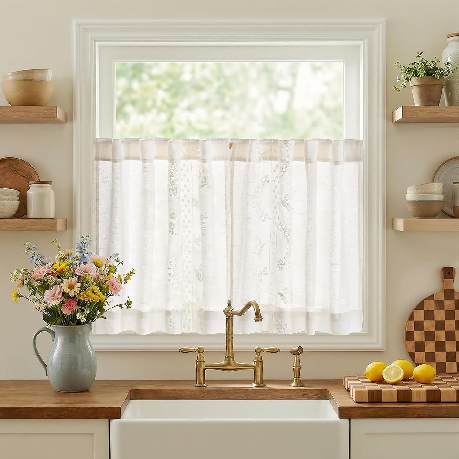 jinchan Belrose Linen Sheer Curtains for Living Room 84 Inch Length Sheer Voile Embroidered Floral Curtains for Bedroom Light Filtering Rod Pocket Window Treatments Farmhouse Decor 2 Panels Beige