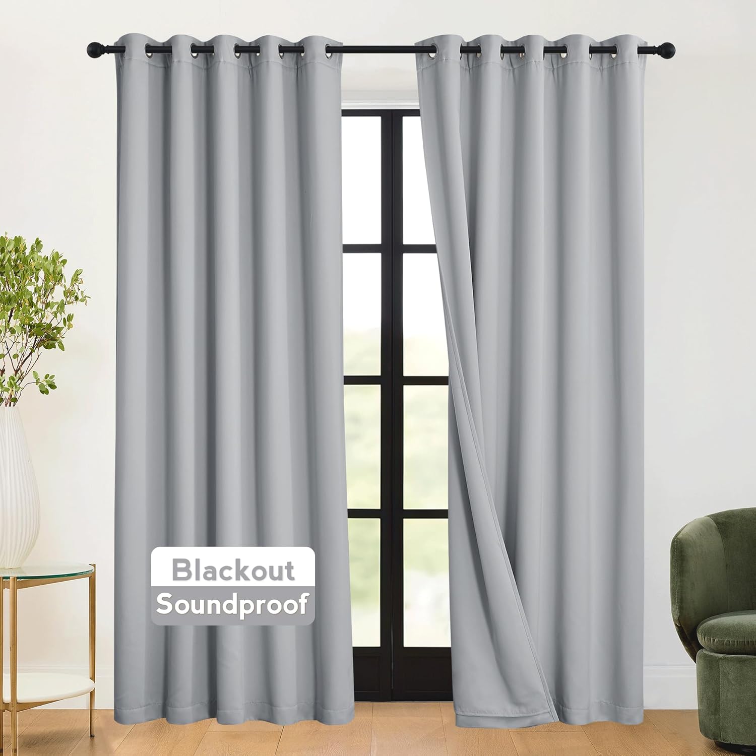 RYB HOME Soundproof Curtains Blackout - 3 Layers Light Block Noise Cancelling Thermal Insulated Curtains for Living Room Bedroom Room Divider, 52 inch Wide x 108 inch Long, Grey, 2 Panels