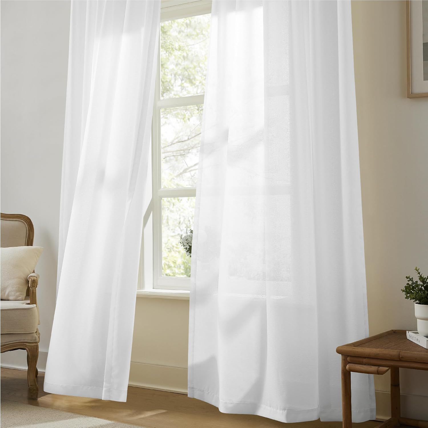 KangBang Pinch Pleat Sheer Curtains 112 Inches Long 2 Panels, Light Filtering Tree Branch Texture Soft Voile Drapes for Living Room Hotel Dorm, Gauzy and Breezy Window Panels, White,42x112 Inch
