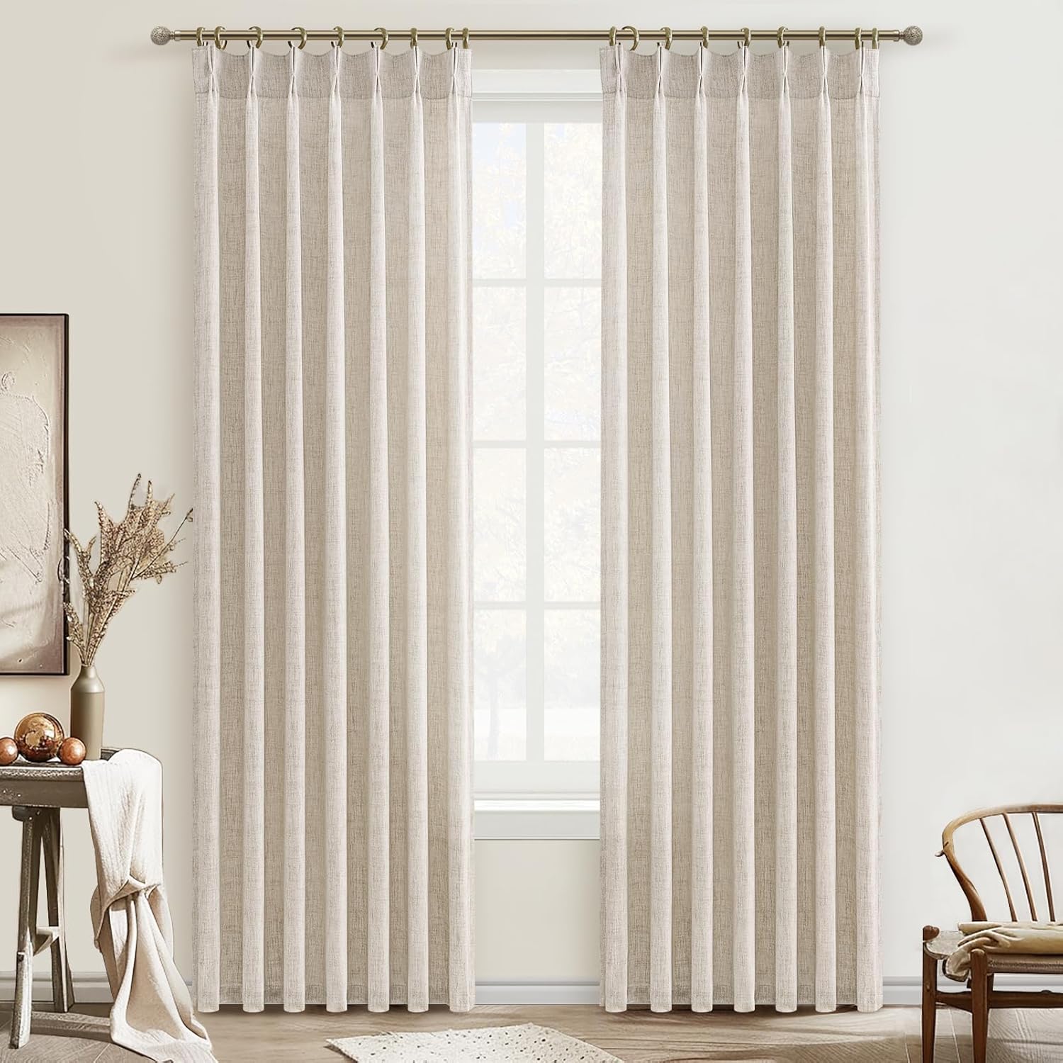 Pinch Pleated Linen Curtains 96 Inches Long for Living Room Bedroom, Light Filtering Boho Window Drape 96 inch 2 Panels Burgs with Hooks&Rings 8ft Cream Birch Sliding Glass Door Sheer Curtain Decor