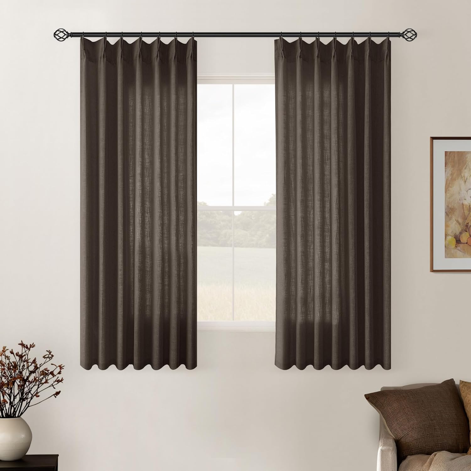 Natural Pinch Pleated Linen Curtains 84 Inch Length 2 Panels for Living Room Bedroom Textured Cream Ivory Birch Semi Sheer Boho Neutral Back Tab Pinch Pleat Hooks Rings Window Curtain 84 Inches Long