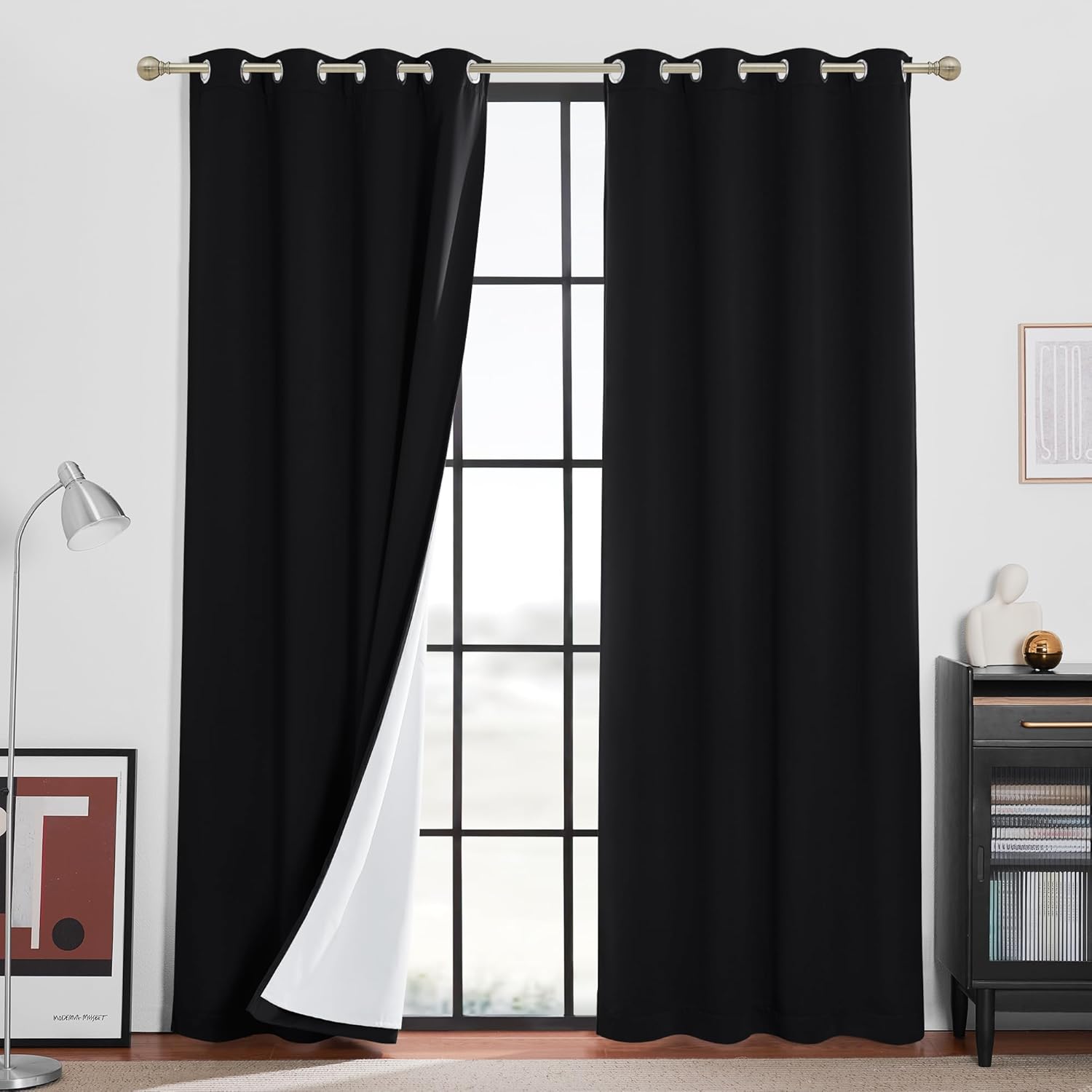 RYB HOME PM 2.5 Filter Curtains for Living Room, Noise Reduction Room Darkening Window Coverings Melt Blown Fabric Liner for Dust Sandstorms Smog Pollen Odor Filtering, Black, W52 x L84 inch, 2 Panels