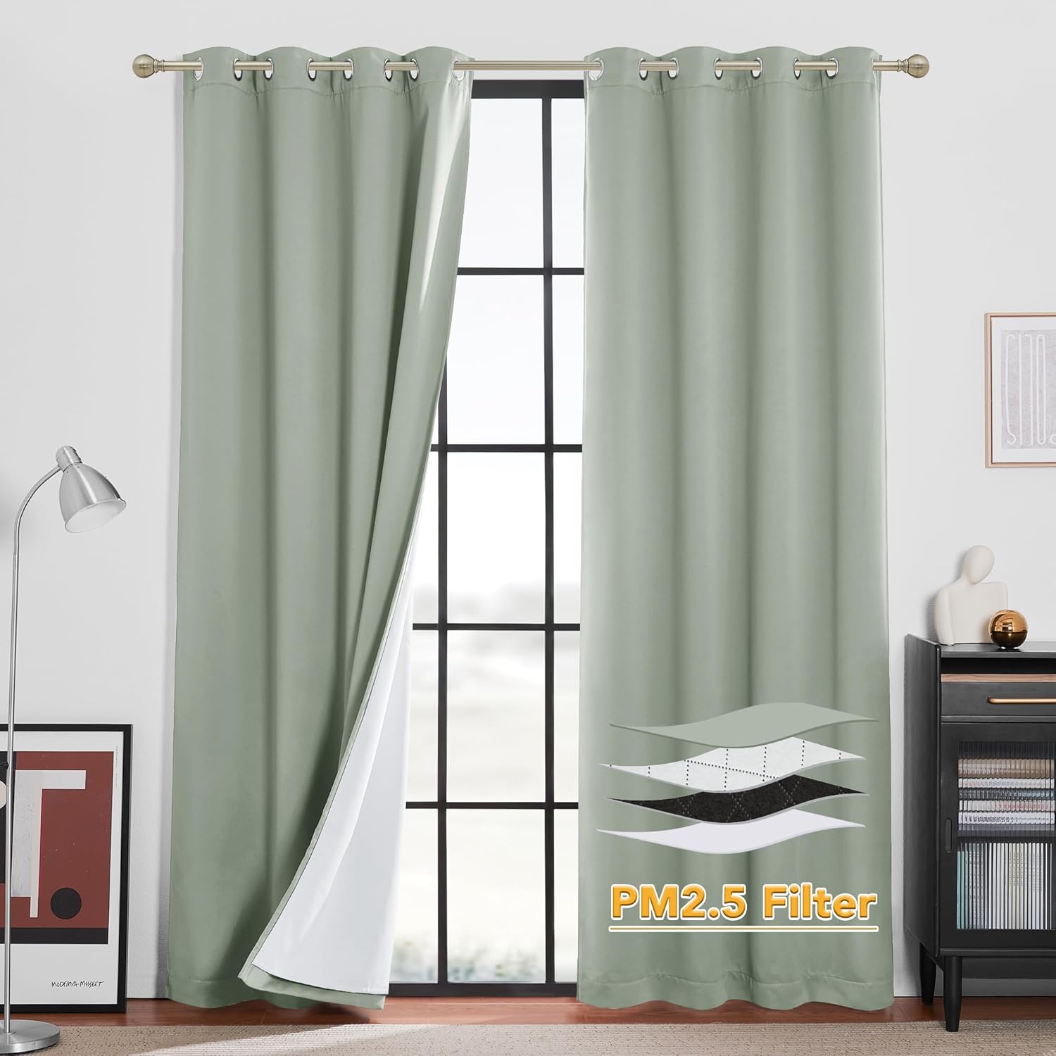 RYB HOME PM 2.5 Filter Curtains for Living Room, Noise Reduction Room Darkening Window Coverings Melt Blown Fabric Liner for Dust Sandstorms Smog Pollen Odor Filtering, Black, W52 x L84 inch, 2 Panels