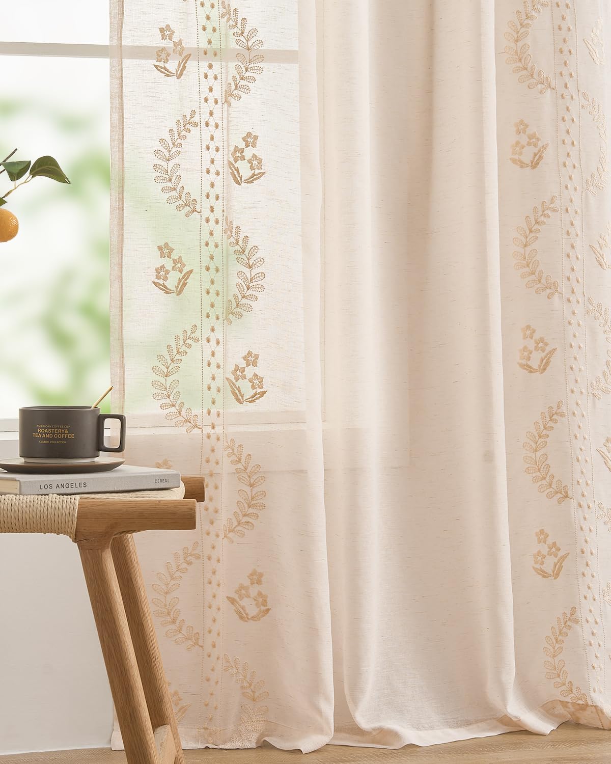 jinchan Belrose Linen Sheer Curtains for Living Room 84 Inch Length Sheer Voile Embroidered Floral Curtains for Bedroom Light Filtering Rod Pocket Window Treatments Farmhouse Decor 2 Panels Beige