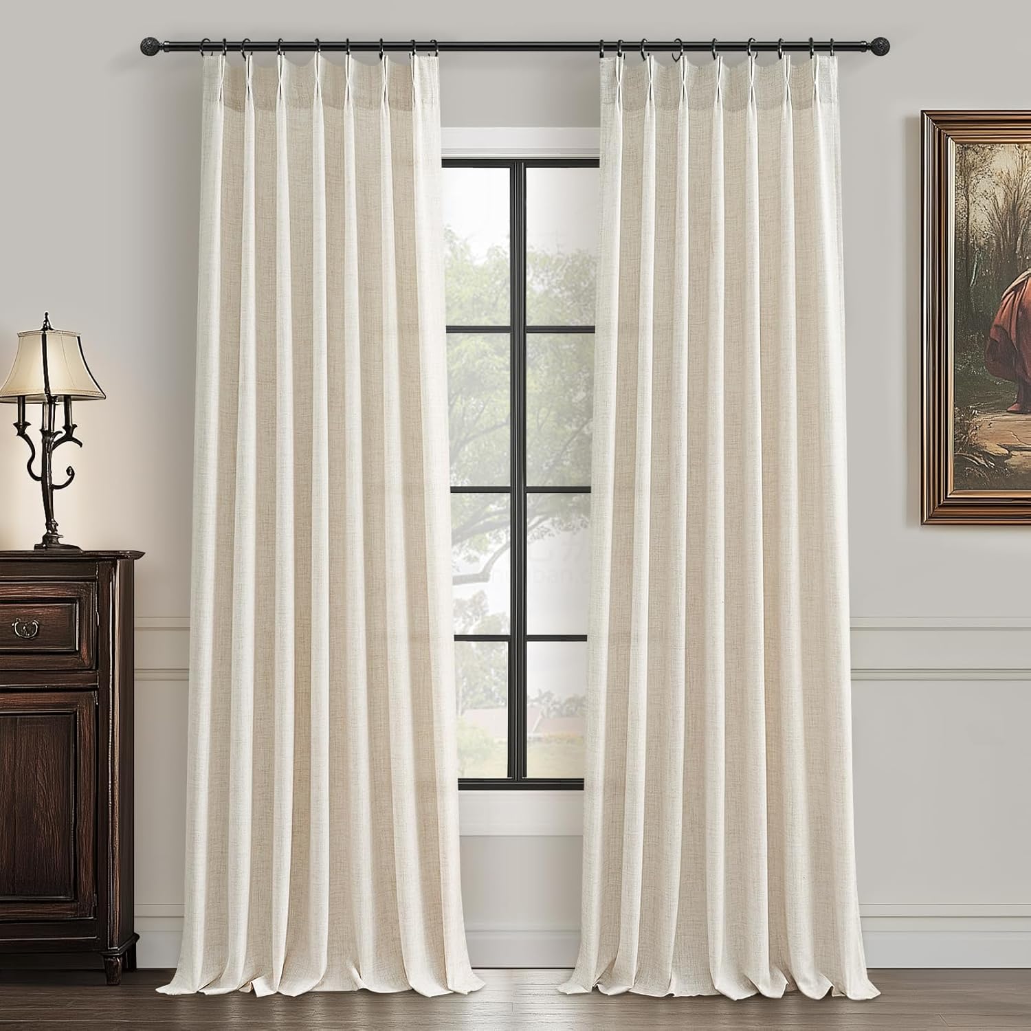 Pinch Pleated Linen Curtains 96 Inches Long for Living Room Bedroom, Light Filtering Boho Window Drape 96 inch 2 Panels Burgs with Hooks&Rings 8ft Cream Birch Sliding Glass Door Sheer Curtain Decor