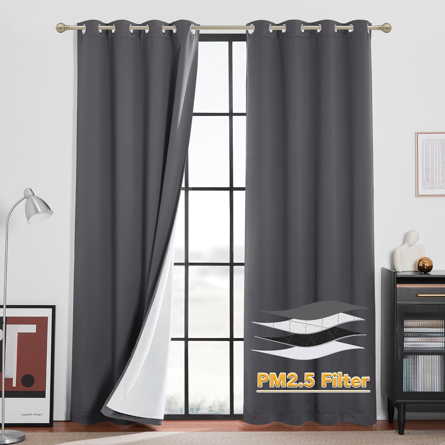 RYB HOME Soundproof Curtains for Bedroom, PM2.5 Particle Filter 100% Blackout Energy Saving Small Window Curtains for Baby Nursery Living Room Home Office, Grey, W 42 x L 63 inches, 2 Pcs