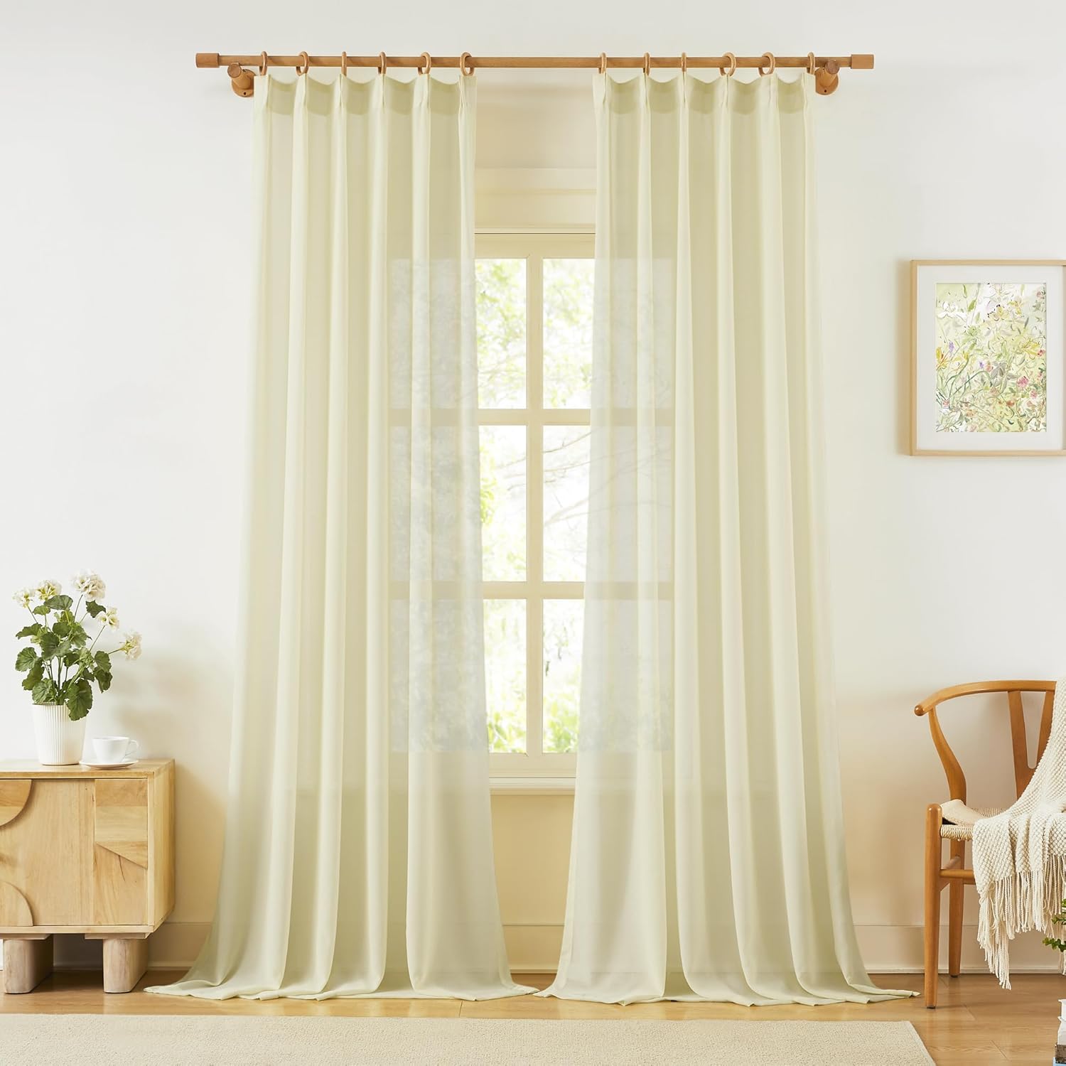 KangBang Pinch Pleat Sheer Curtains 112 Inches Long 2 Panels, Light Filtering Tree Branch Texture Soft Voile Drapes for Living Room Hotel Dorm, Gauzy and Breezy Window Panels, White,42x112 Inch