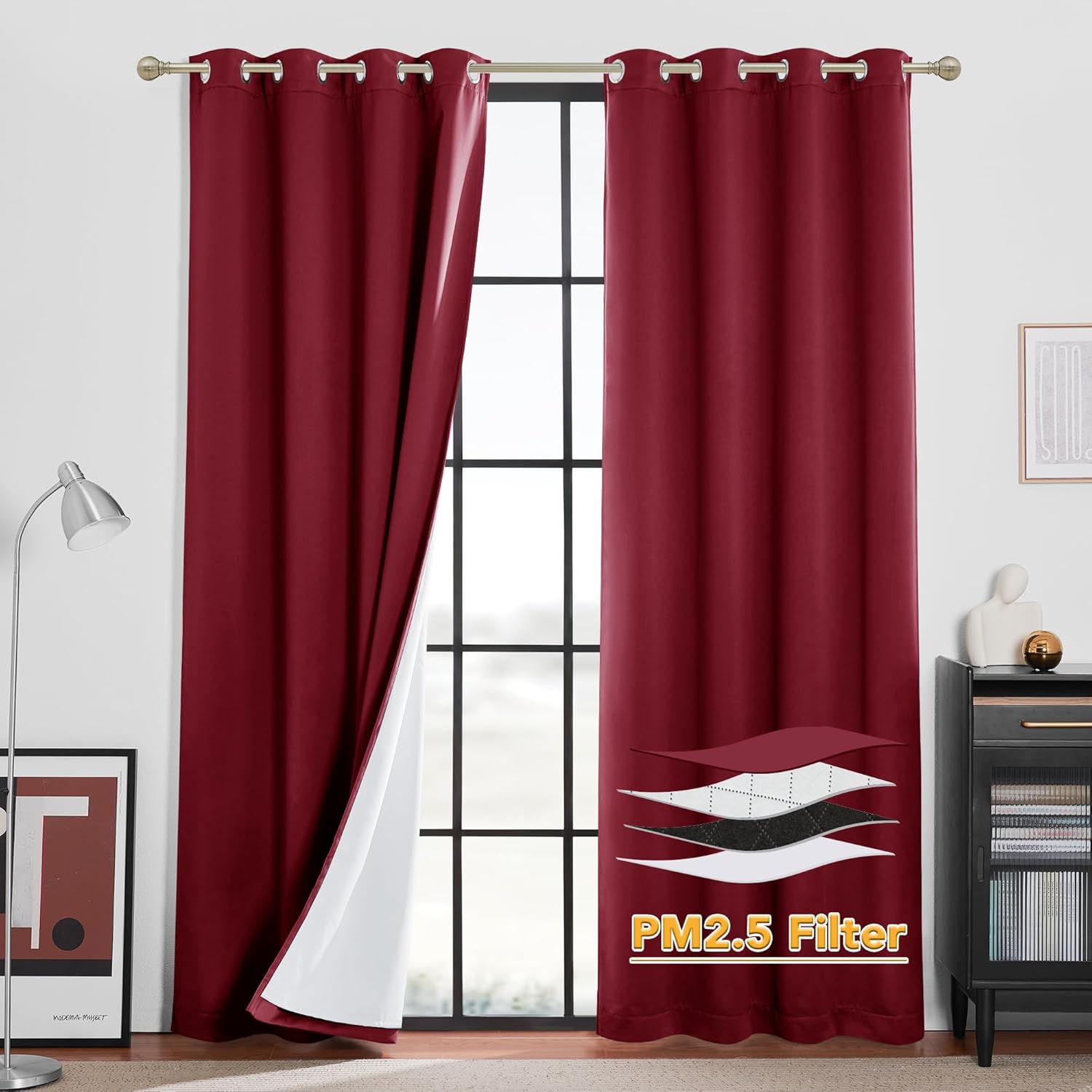 RYB HOME Soundproof Curtains for Bedroom, PM2.5 Particle Filter 100% Blackout Energy Saving Small Window Curtains for Baby Nursery Living Room Home Office, Grey, W 42 x L 63 inches, 2 Pcs