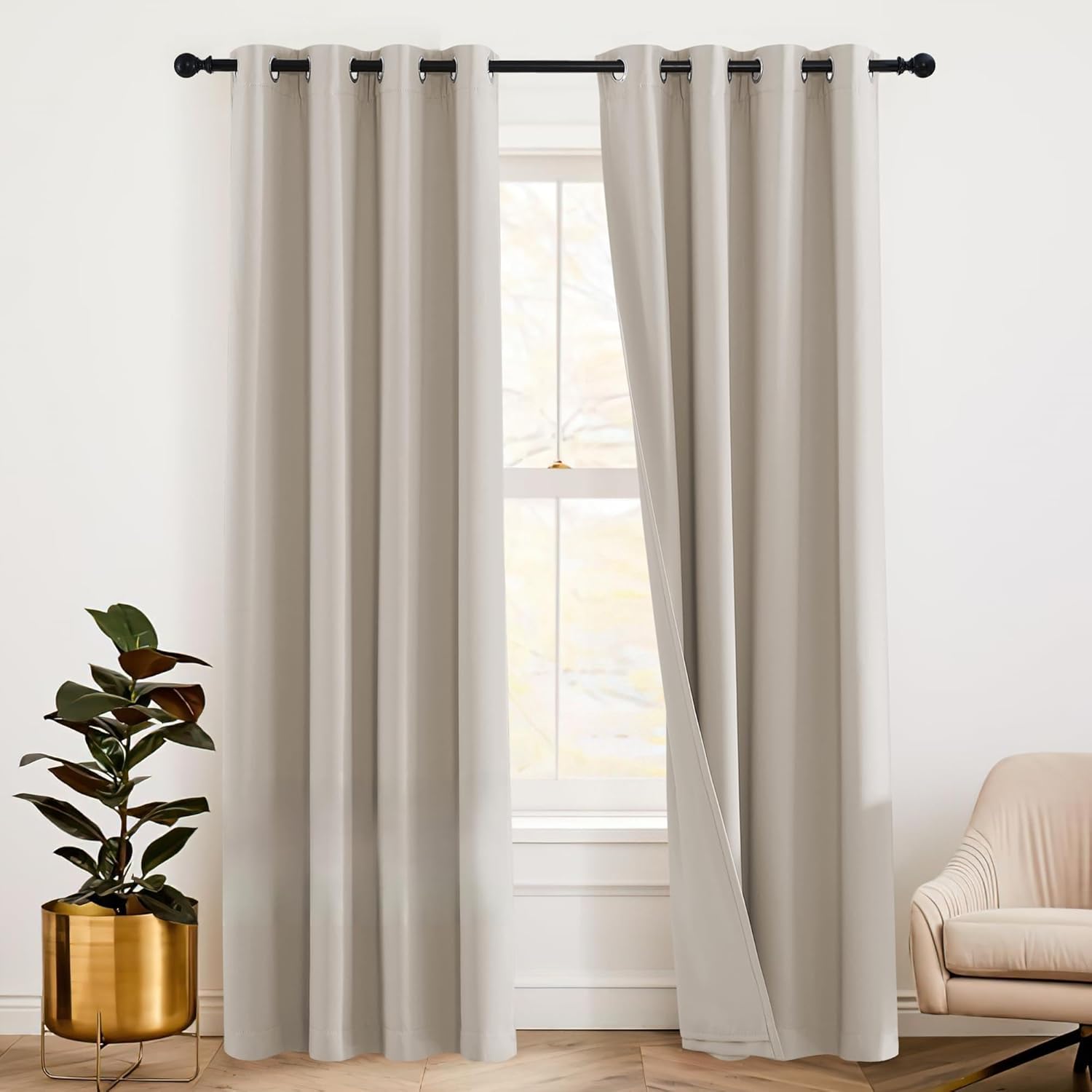 RYB HOME Soundproof Curtains Blackout - 3 Layers Light Block Noise Cancelling Thermal Insulated Curtains for Living Room Bedroom Room Divider, 52 inch Wide x 108 inch Long, Grey, 2 Panels