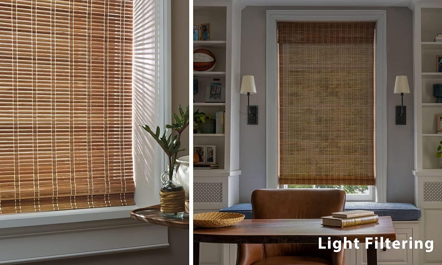 LazBlinds No Tools No Drill Cordless Bamboo Roman Shades, Light Filtering Window Treatment, Roll Up Bamboo Blinds for Windows 34'' W x 64'' H, Brown