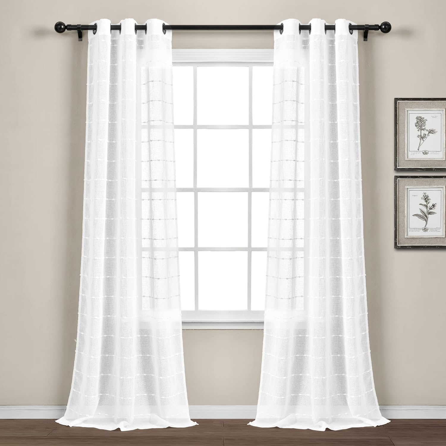 Lush Decor Farmhouse Textured Grommet Sheer Window Curtain Panel Pair, 38"W x 95"L, Beige