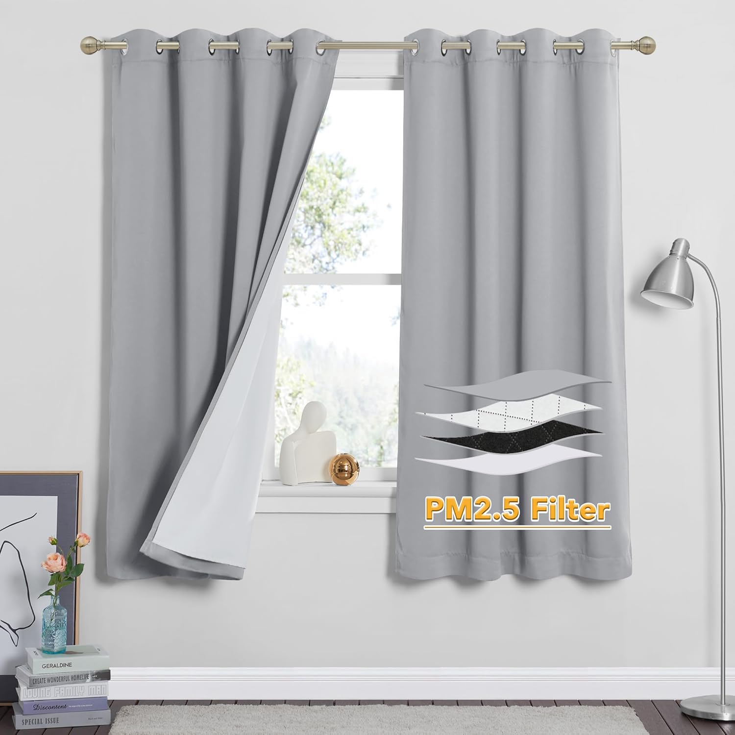 RYB HOME PM 2.5 Filter Curtains for Living Room, Noise Reduction Room Darkening Window Coverings Melt Blown Fabric Liner for Dust Sandstorms Smog Pollen Odor Filtering, Black, W52 x L84 inch, 2 Panels