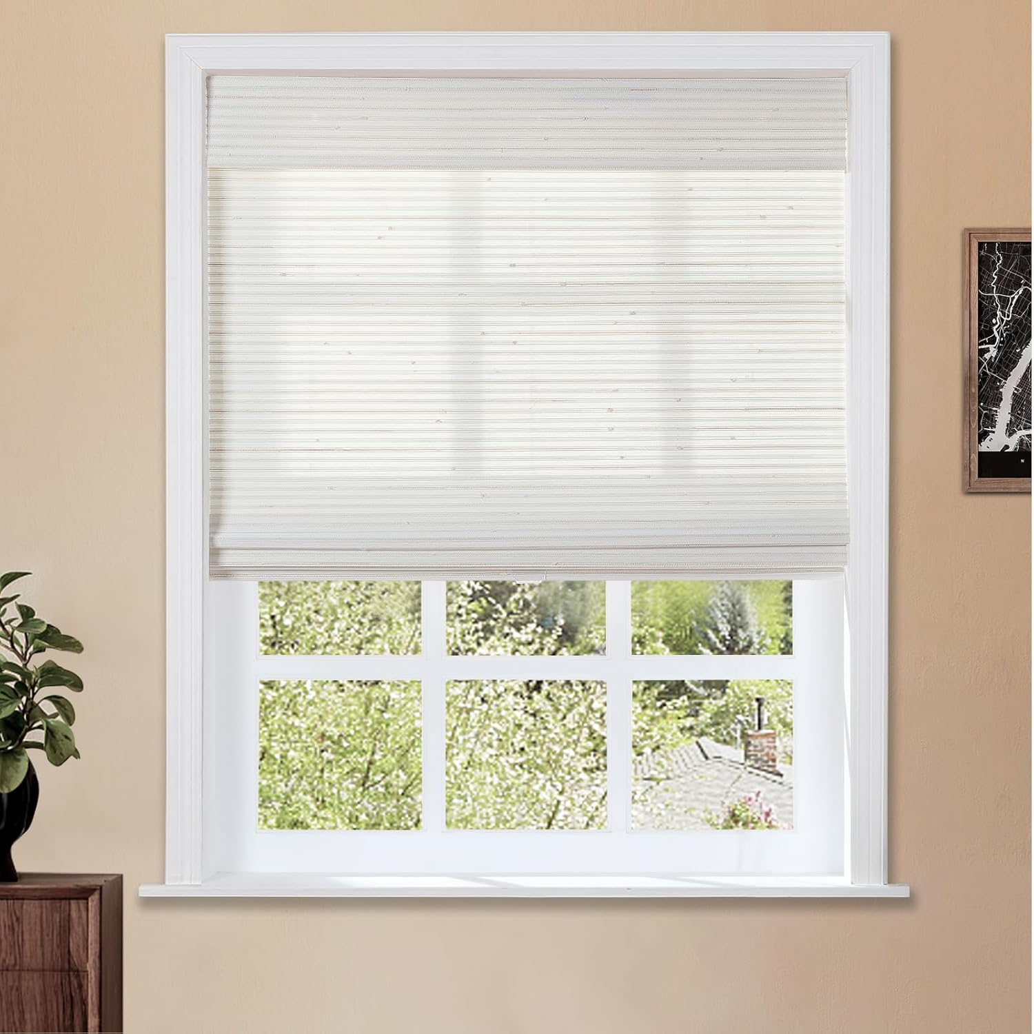 TWOPAGES Natural Cordless Ramie Roman Shade No Drill Customized Roman Blind Light Filtering Blackout Roman Window Shade for Windows, Beige, 1 Piece