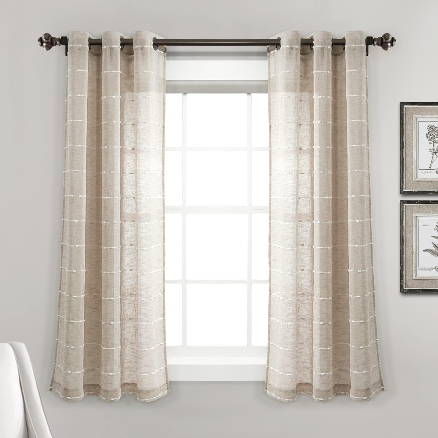 Lush Decor Farmhouse Textured Grommet Sheer Window Curtain Panel Pair, 38"W x 95"L, Beige