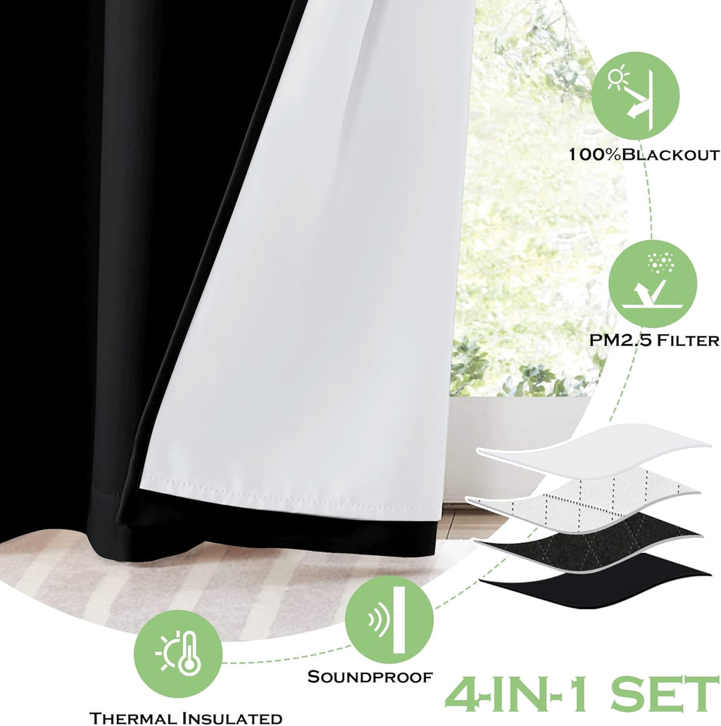 KGORGE 4-in-1 Soundproof Anti Dust 100% Blackout Curtains with Melt-Blown Layer Noise Reducing Thermal Insulating Window Drapes for Bedroom Nursery, W 52 x L 84, Black, 2 Panels