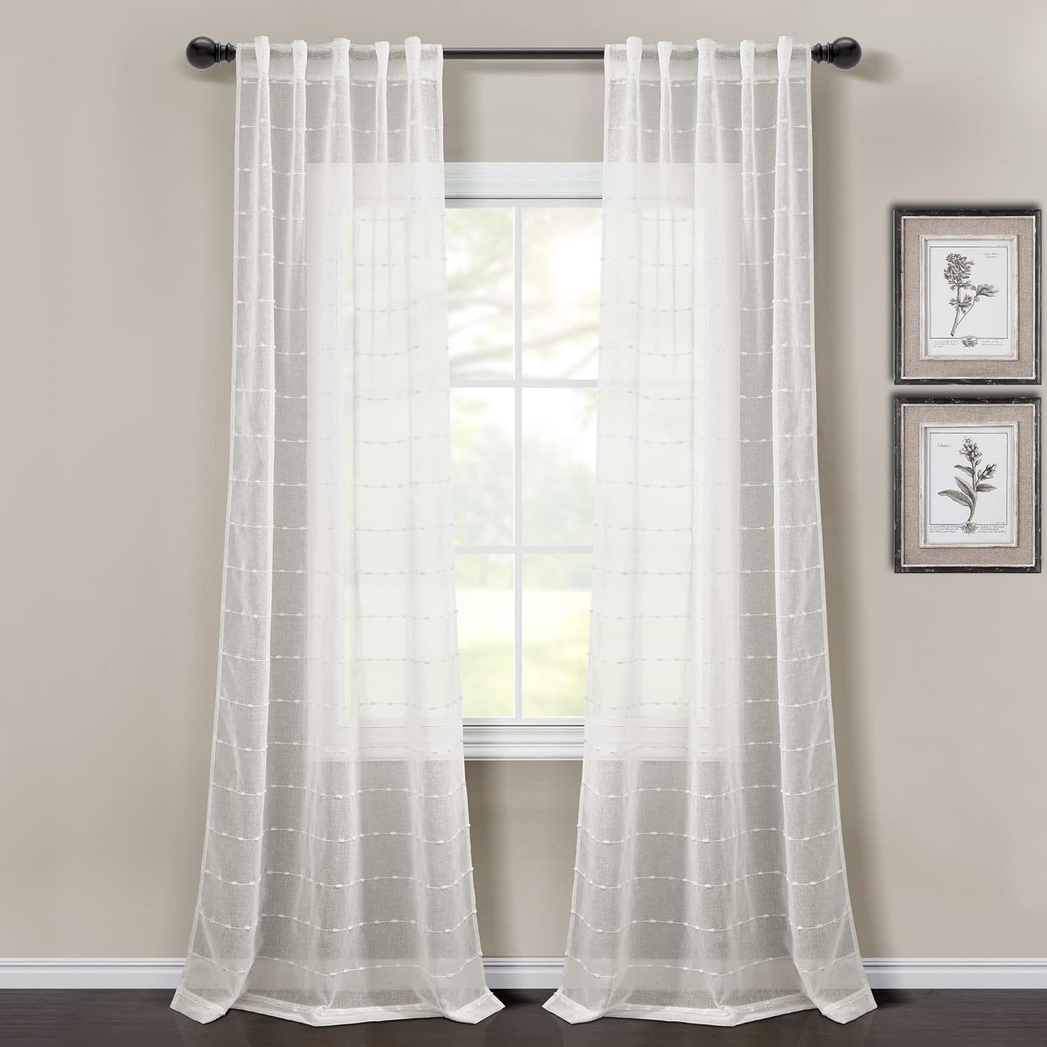 Lush Decor Farmhouse Textured Grommet Sheer Window Curtain Panel Pair, 38"W x 95"L, Beige