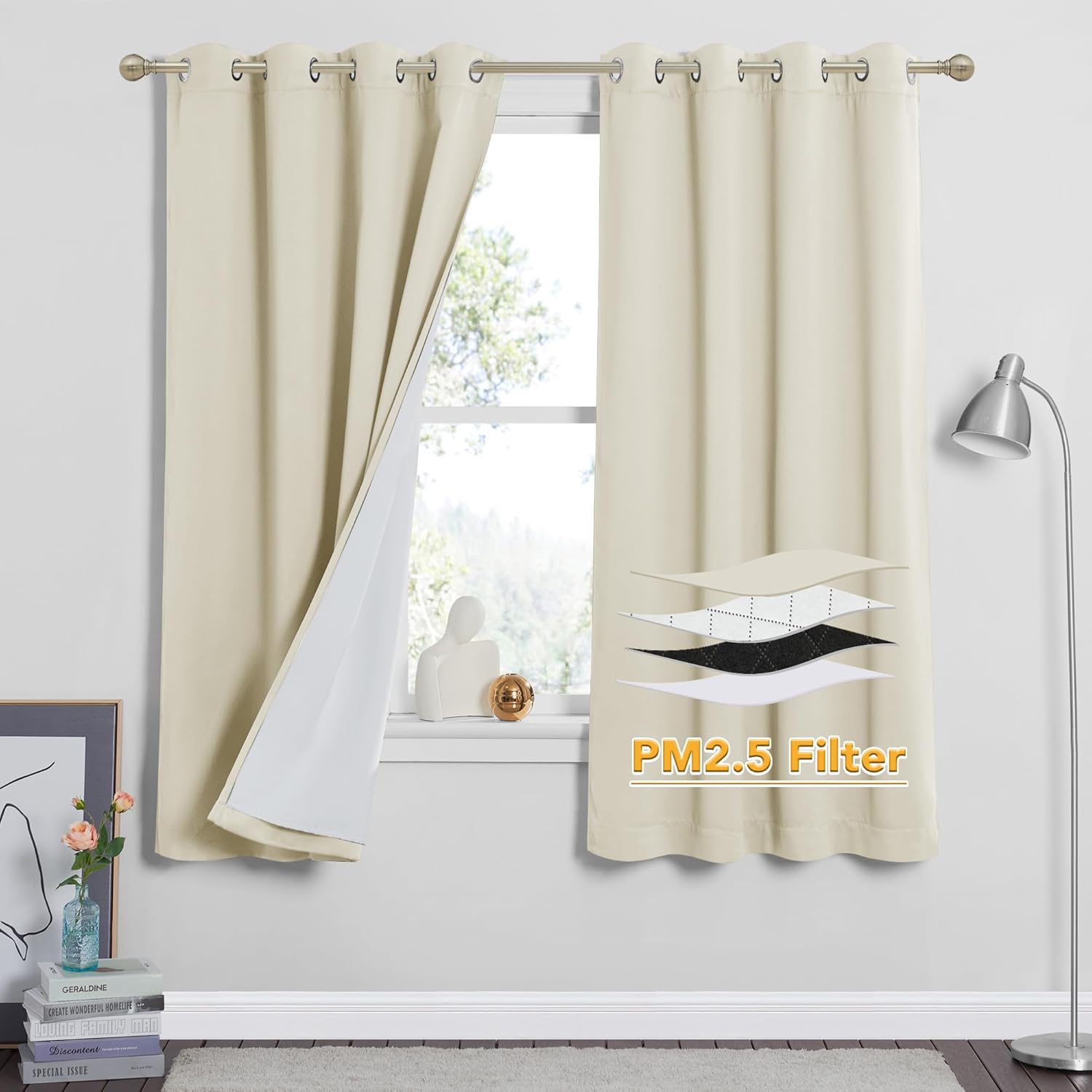 RYB HOME Soundproof Curtains for Bedroom, PM2.5 Particle Filter 100% Blackout Energy Saving Small Window Curtains for Baby Nursery Living Room Home Office, Grey, W 42 x L 63 inches, 2 Pcs